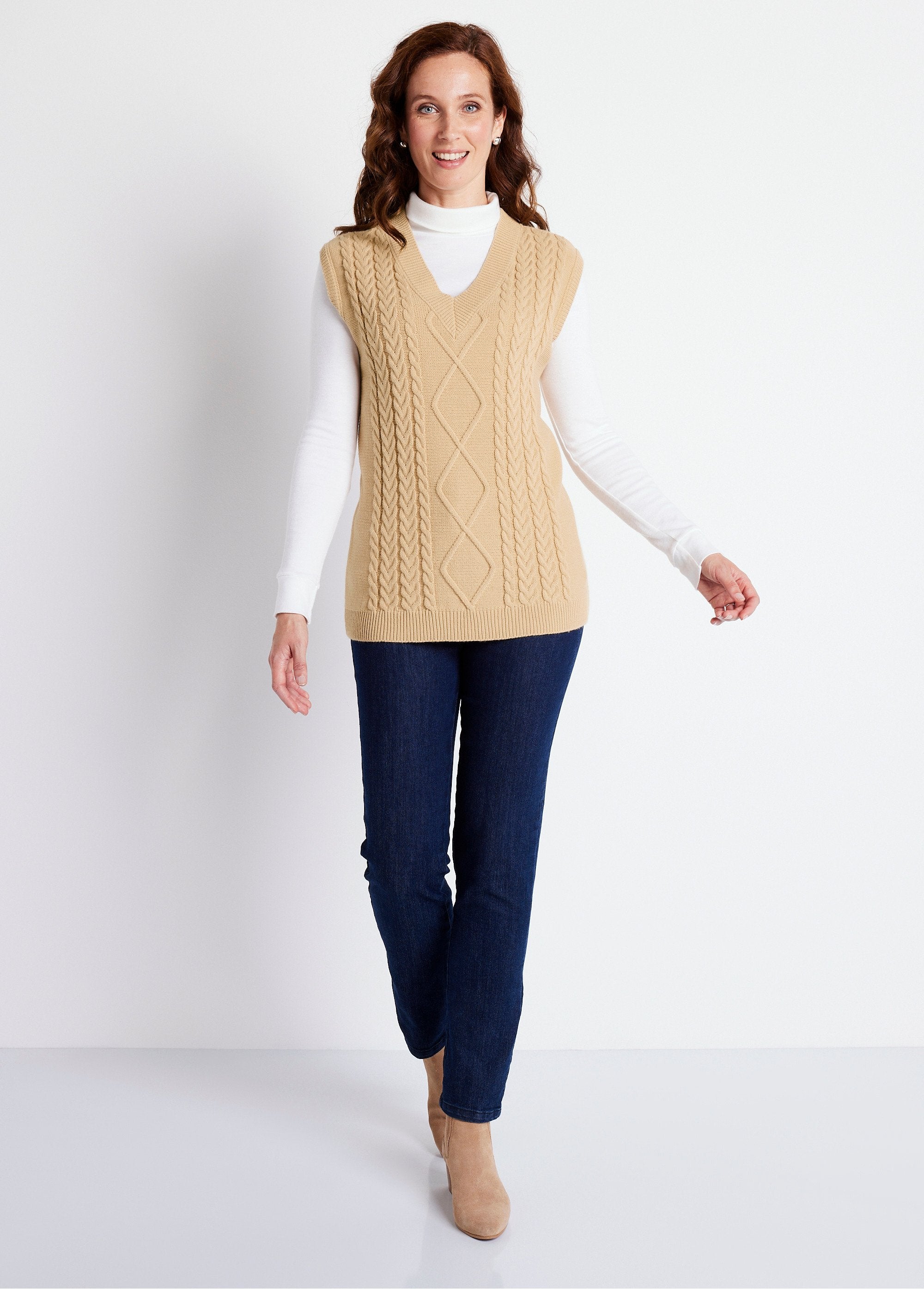 Pull_col_V_sans_manches_maille_fantaisie_Beige_SF1_slim