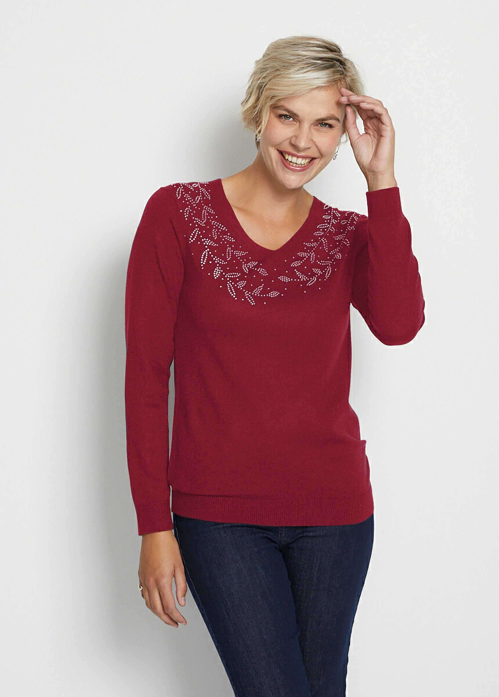 Pull_col_V_strassé_manches_longues_Bordeaux_FA1_slim