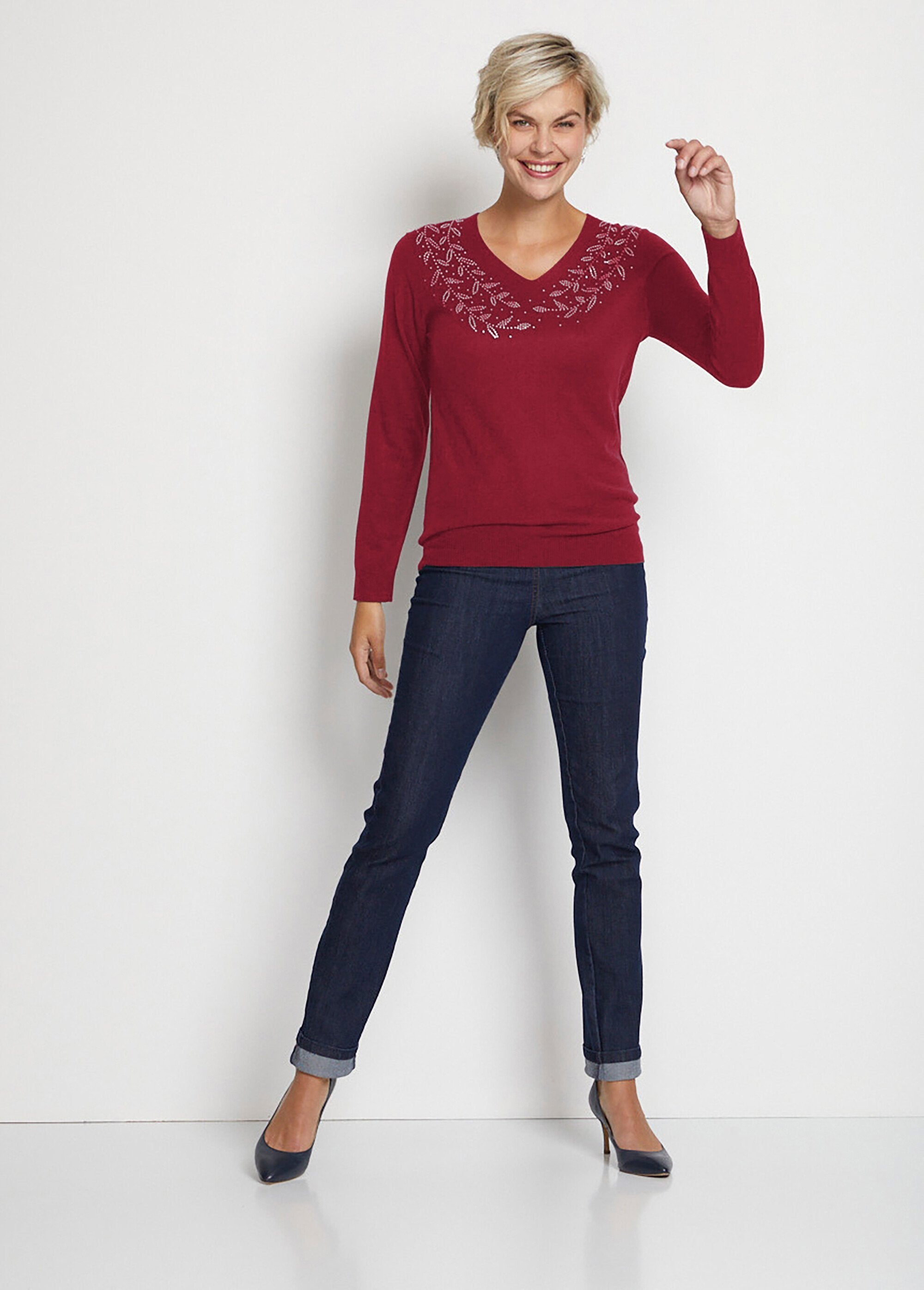 Pull_col_V_strassé_manches_longues_Bordeaux_SF1_slim