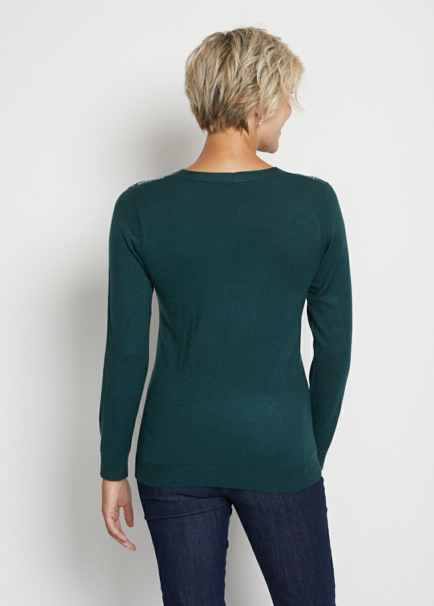 Pull_col_V_strassé_manches_longues_Vert_sapin_DO1_slim