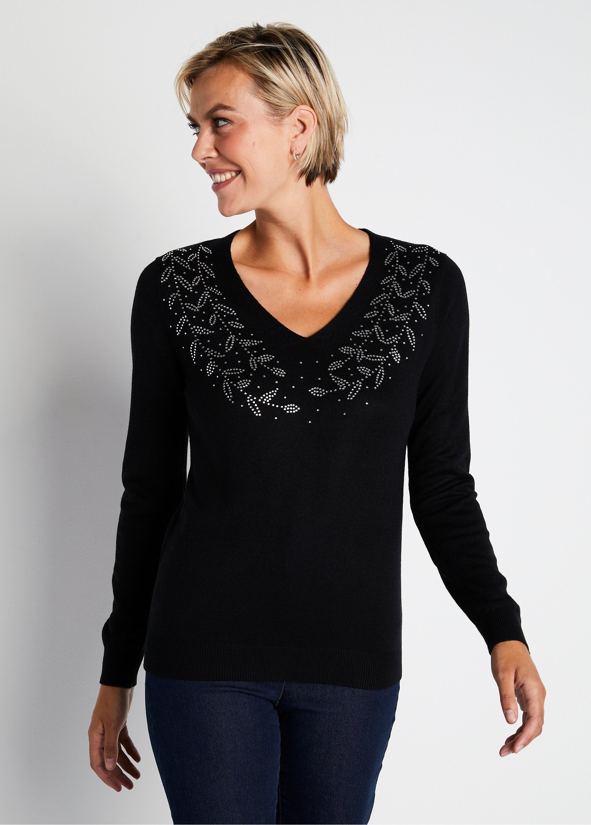 Pull_col_V_strassé_manches_longues_Noir_FA1_slim