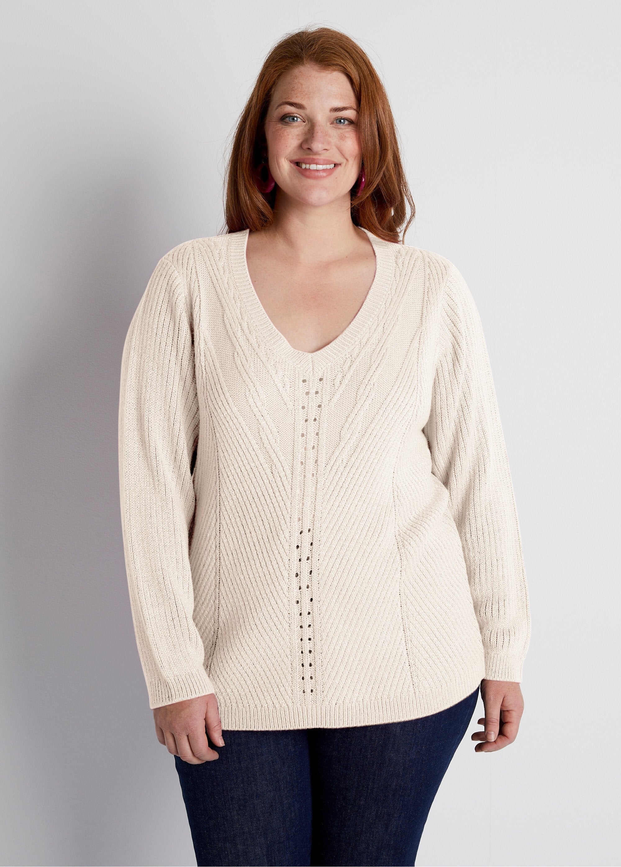 Pull_col_V_uni_maille_fantaisie_Ecru_FA1_curvy