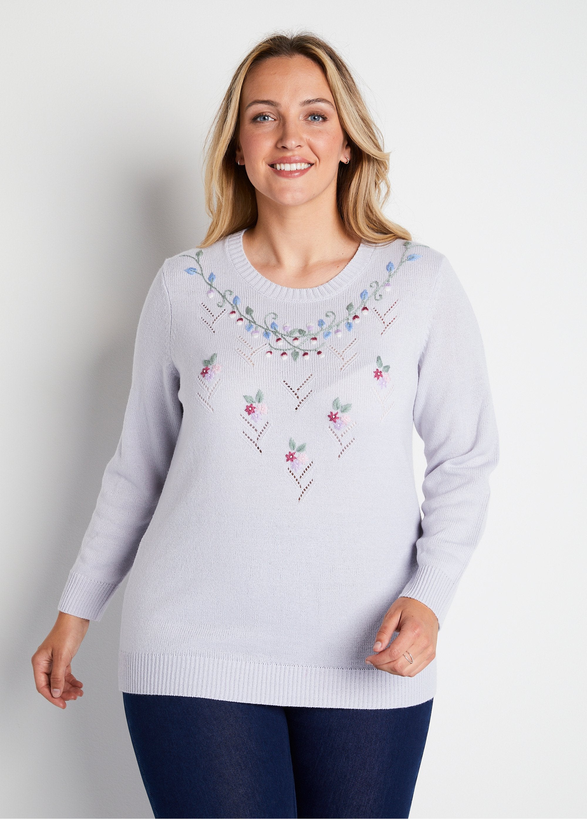 Pull_doux_uni_brodé_ajouré_col_rond_Argent_FA1_curvy