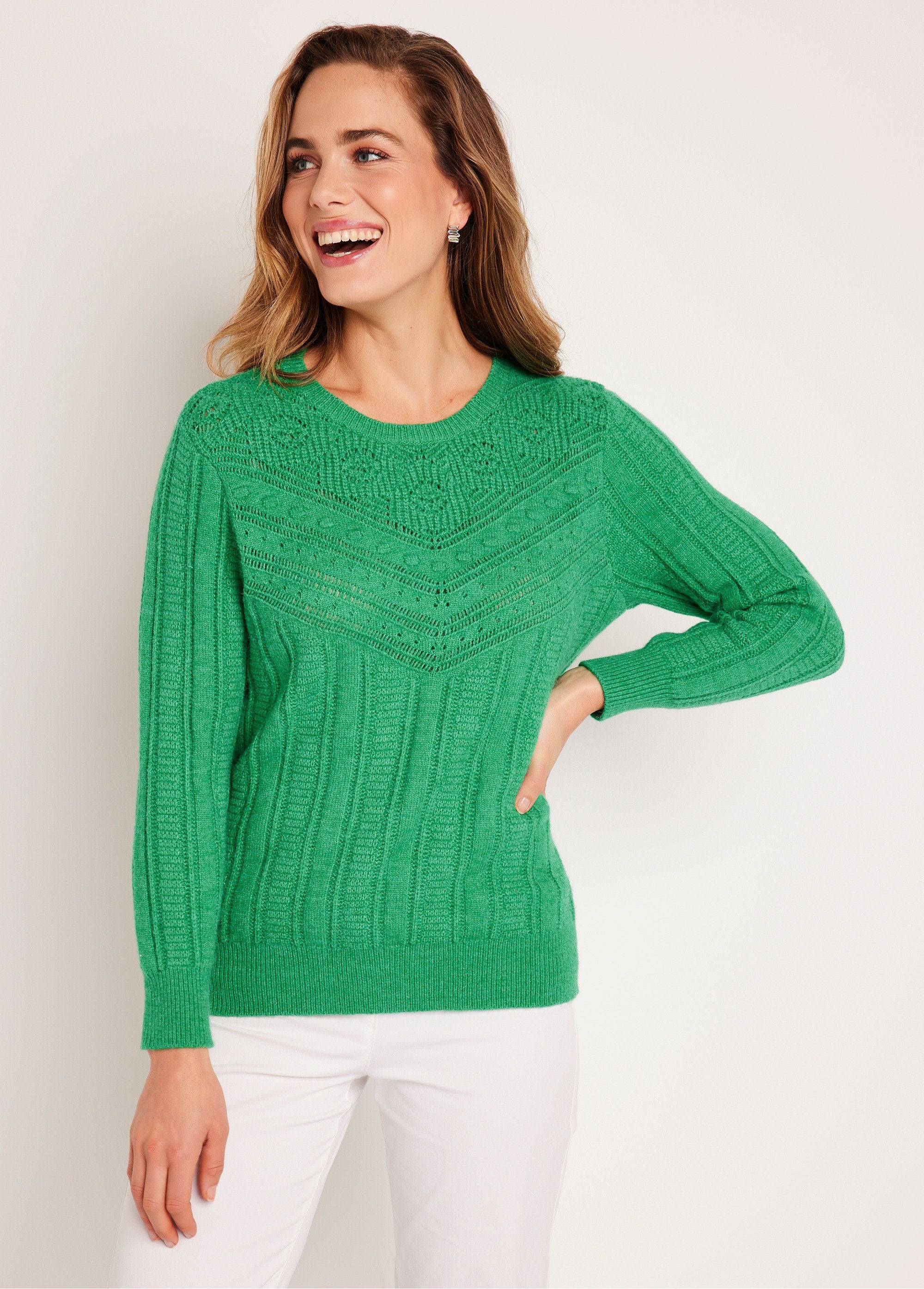 Pull_doux_ajouré_boules_col_rond_Vert_FA1_slim