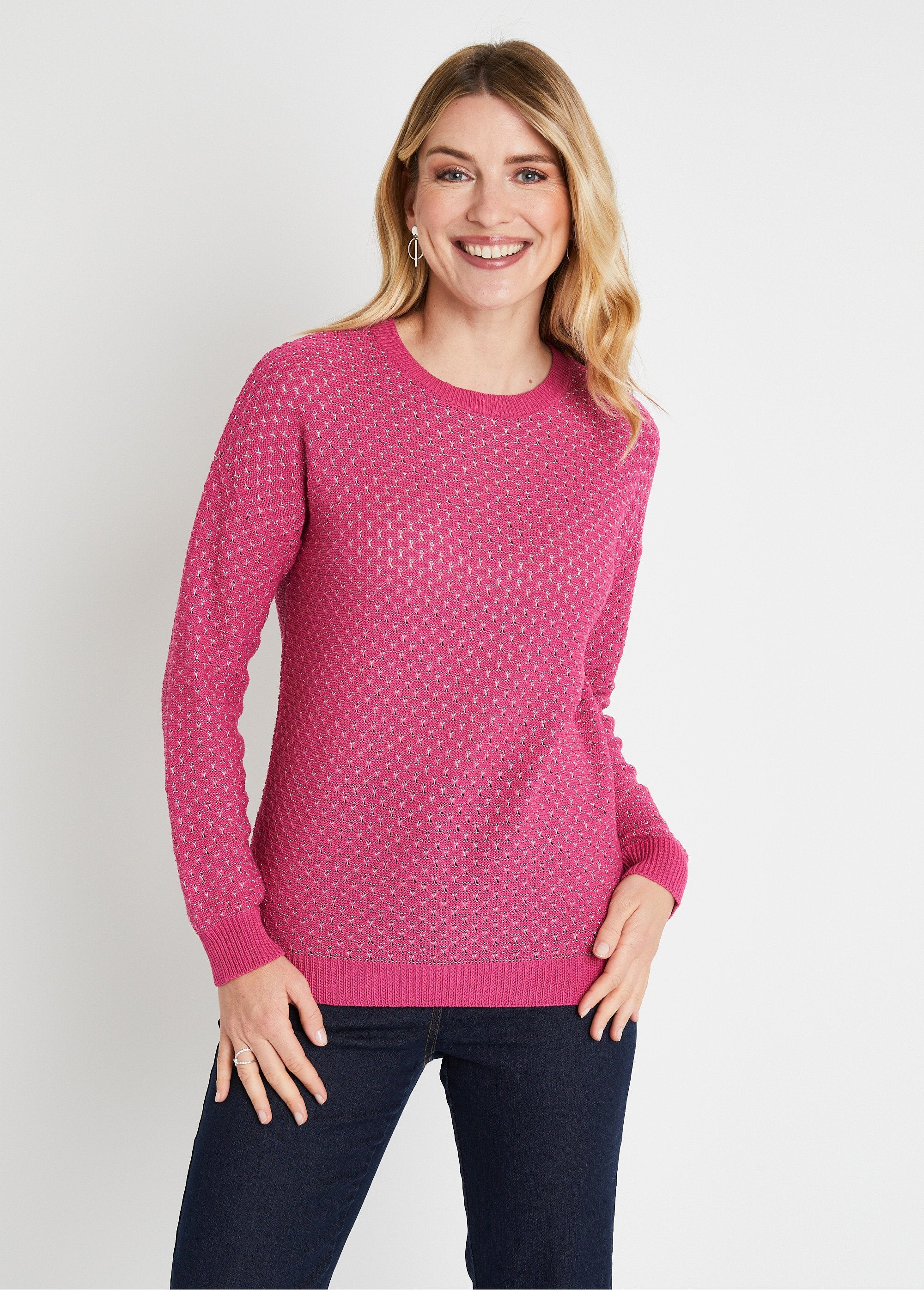 Pull_doux_brillant_mélange_coton_col_rond_Fuchsia_FA1_slim