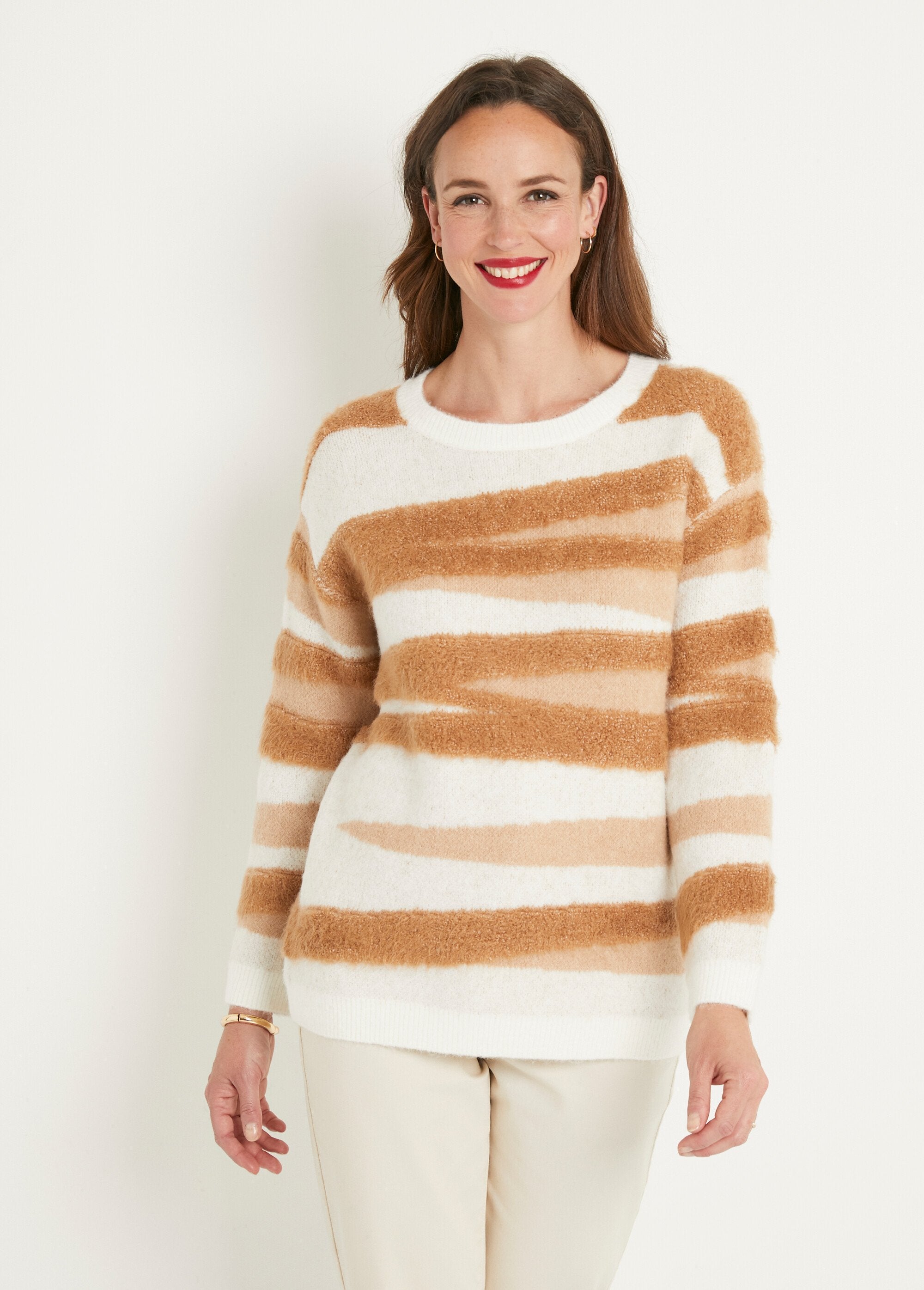 Pull_doux_jacquard_col_rond_maille_poilue_Ecru_et_beige_FA1_slim