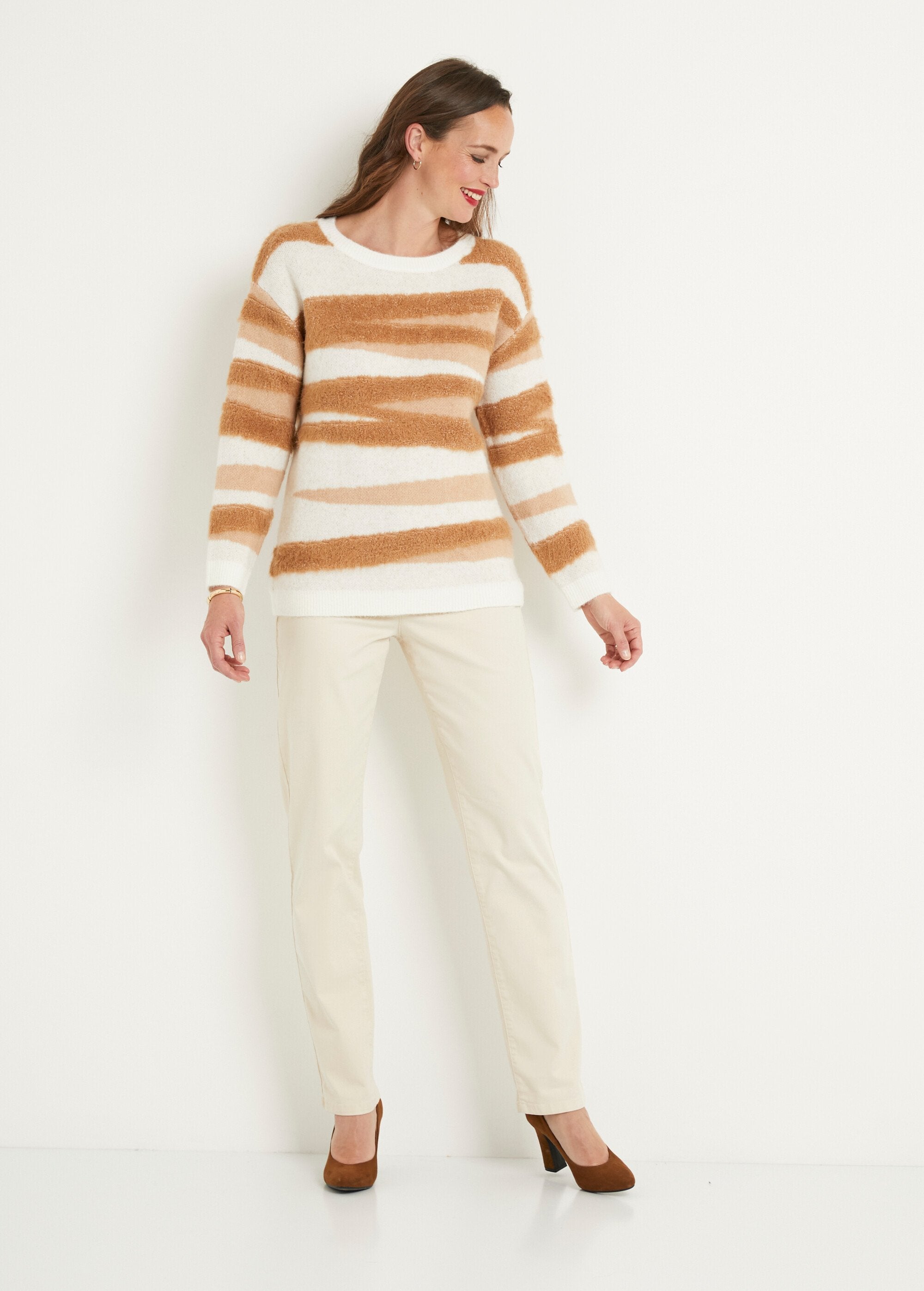 Pull_doux_jacquard_col_rond_maille_poilue_Ecru_et_beige_SF1_slim