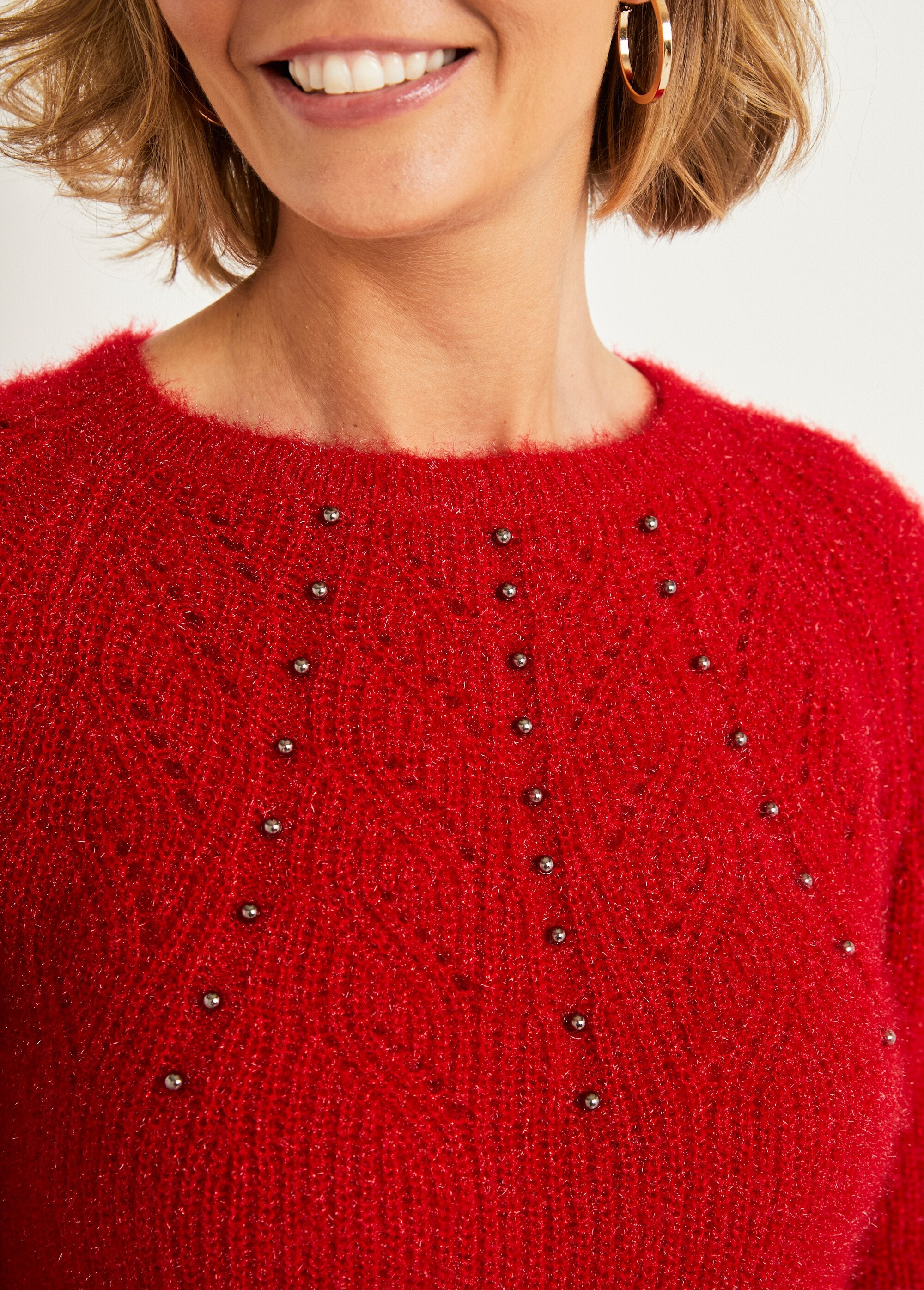 Pull_doux_maille_poilue_col_rond_perlé_ajouré_Rouge_DE2_slim