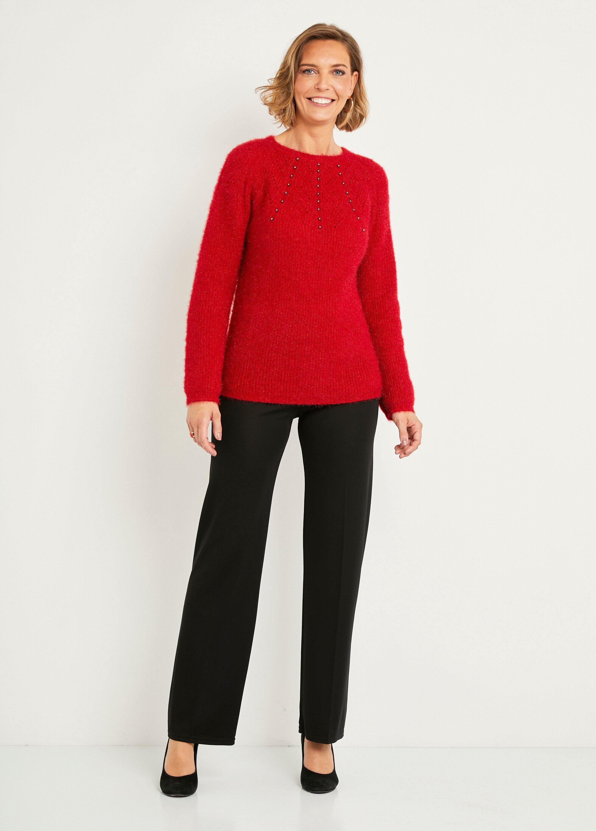 Pull_doux_maille_poilue_col_rond_perlé_ajouré_Rouge_SF1_slim