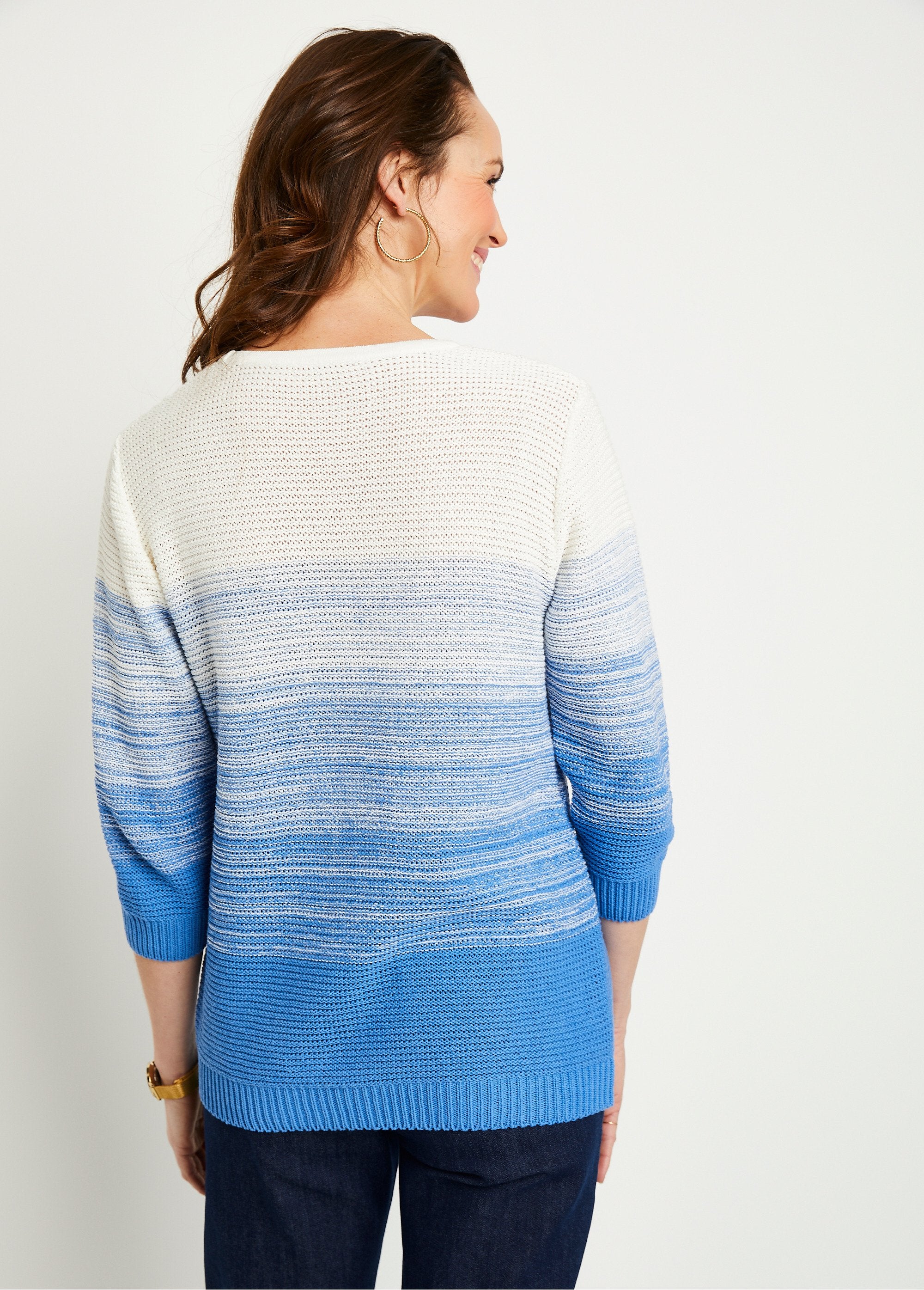 Pull_doux_manches_3/4_coton_Blanc_et_bleu_DO1_slim