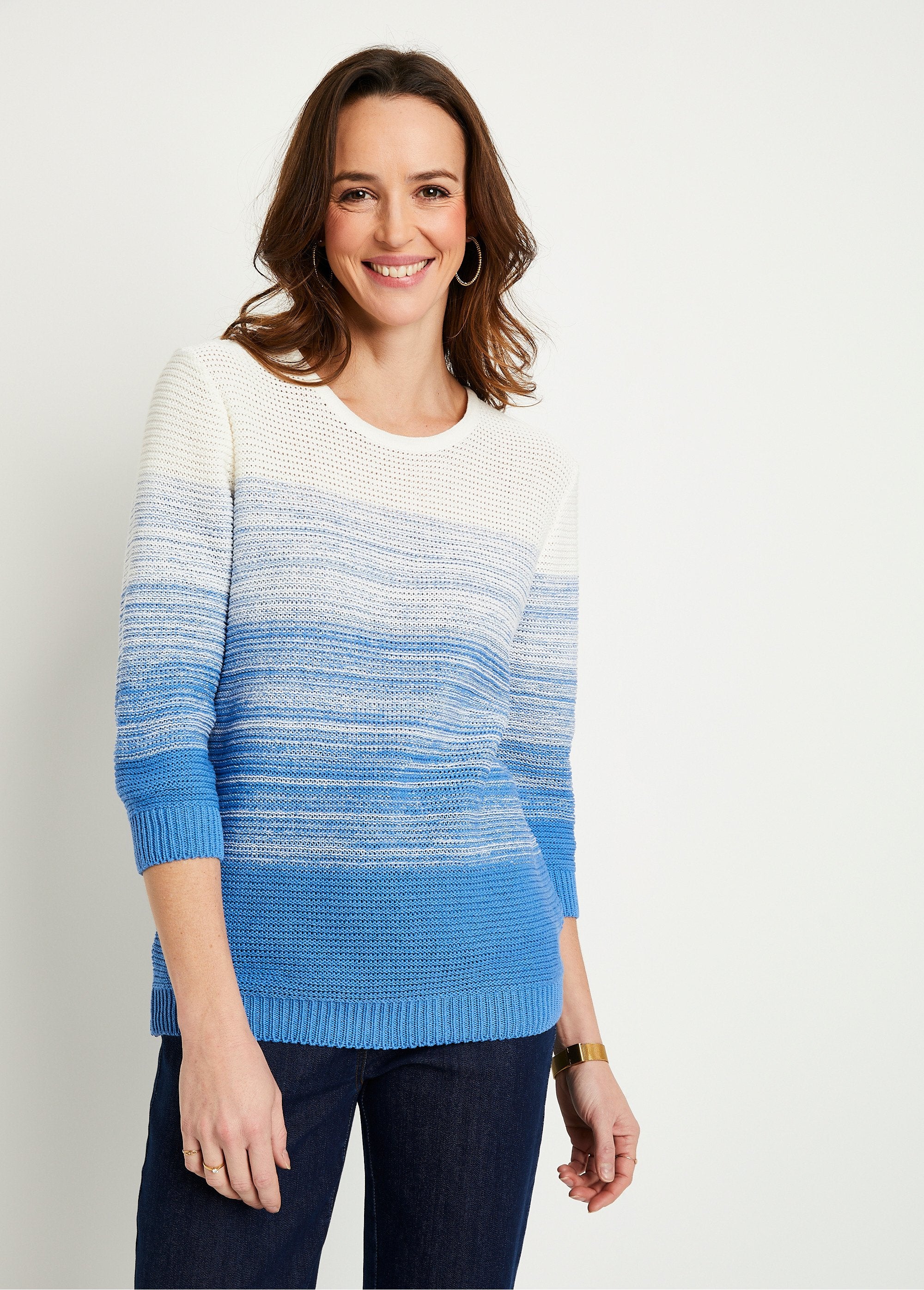 Pull_doux_manches_3/4_coton_Blanc_et_bleu_FA1_slim