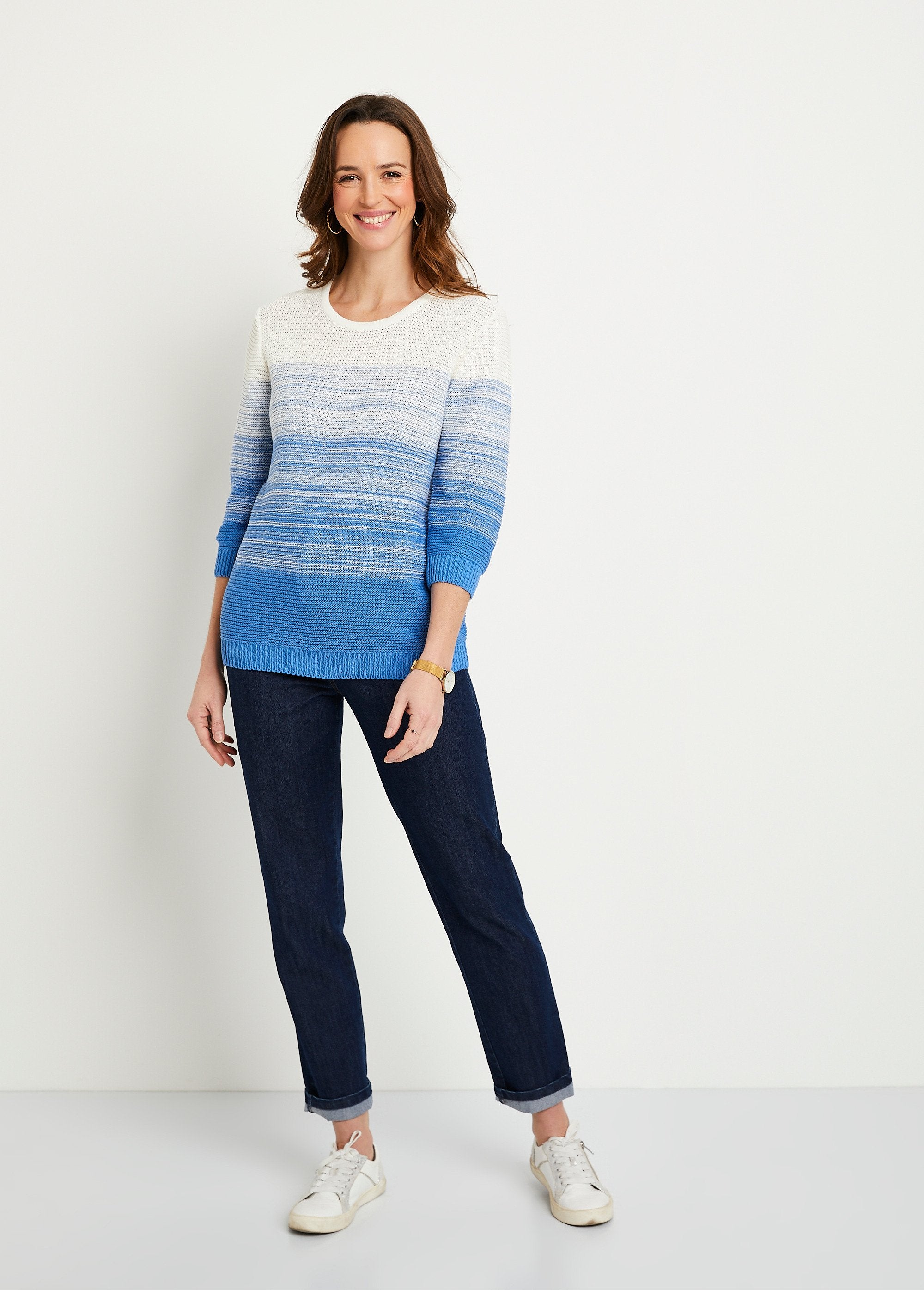 Pull_doux_manches_3/4_coton_Blanc_et_bleu_SF1_slim