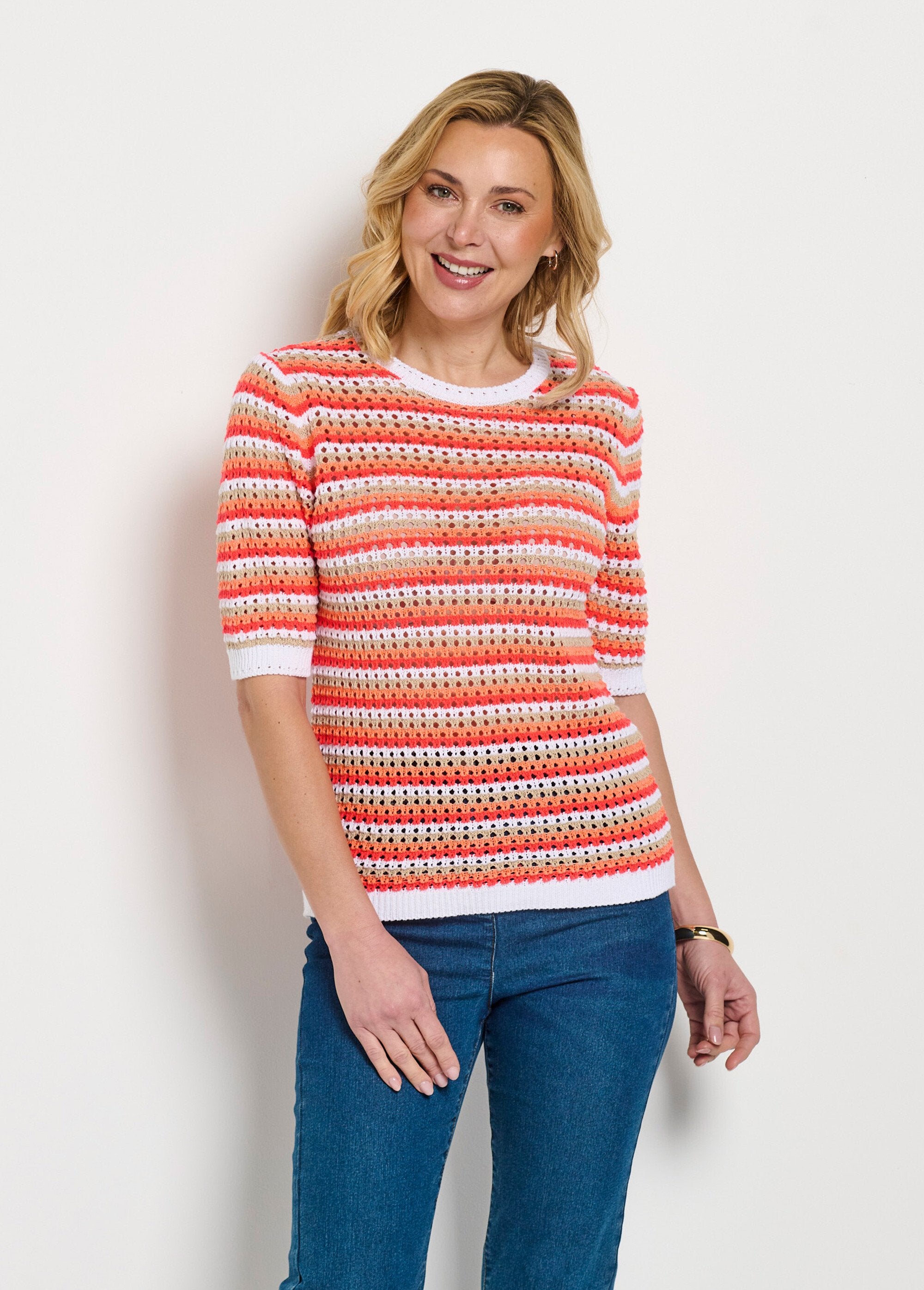 Pull_doux_rayé_ajouré_court_manches_courtes_Raye_corail_FA1_slim