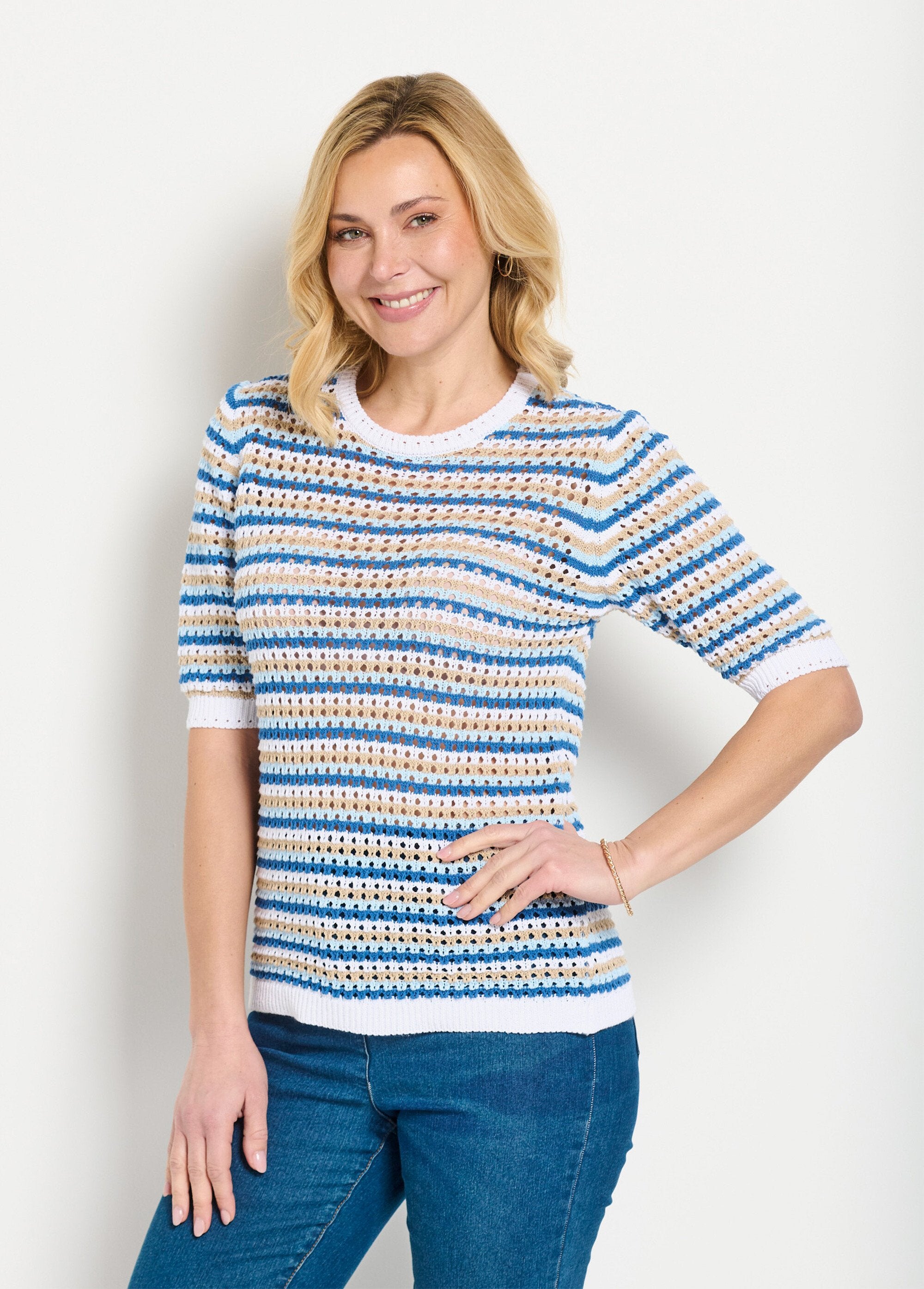 Pull_doux_rayé_ajouré_court_manches_courtes_Raye_bleu_FA1_slim