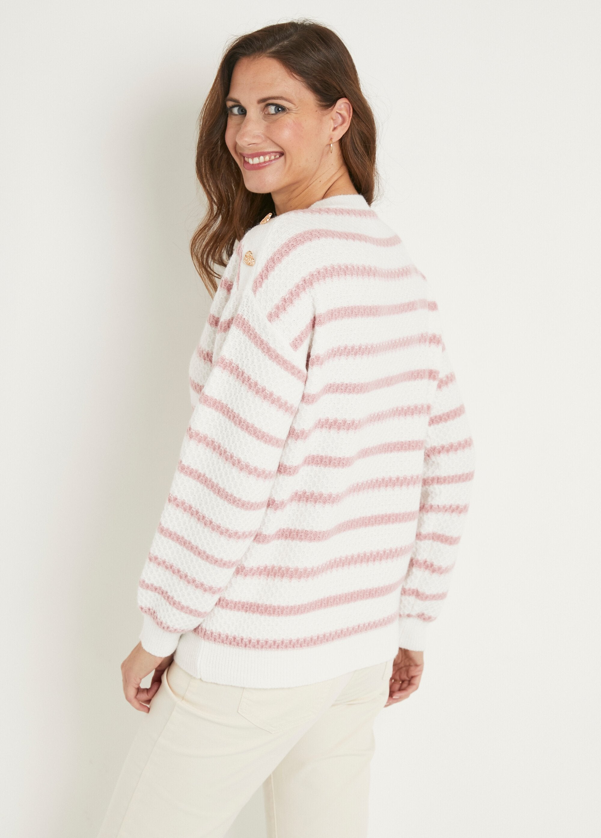 Pull_doux_rayé_col_rond_maille_fantaisie_Ecru_et_vieux_rose_DO1_slim