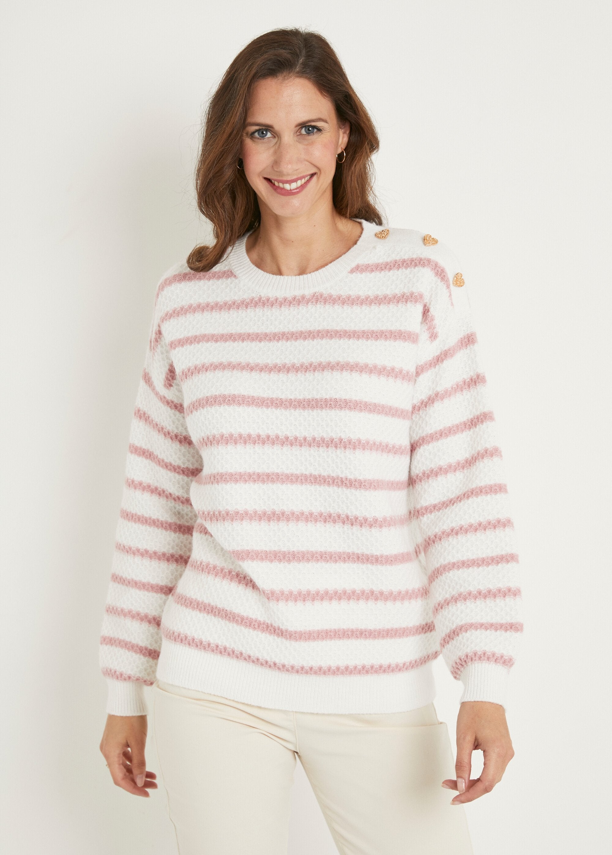 Pull_doux_rayé_col_rond_maille_fantaisie_Ecru_et_vieux_rose_FA1_slim