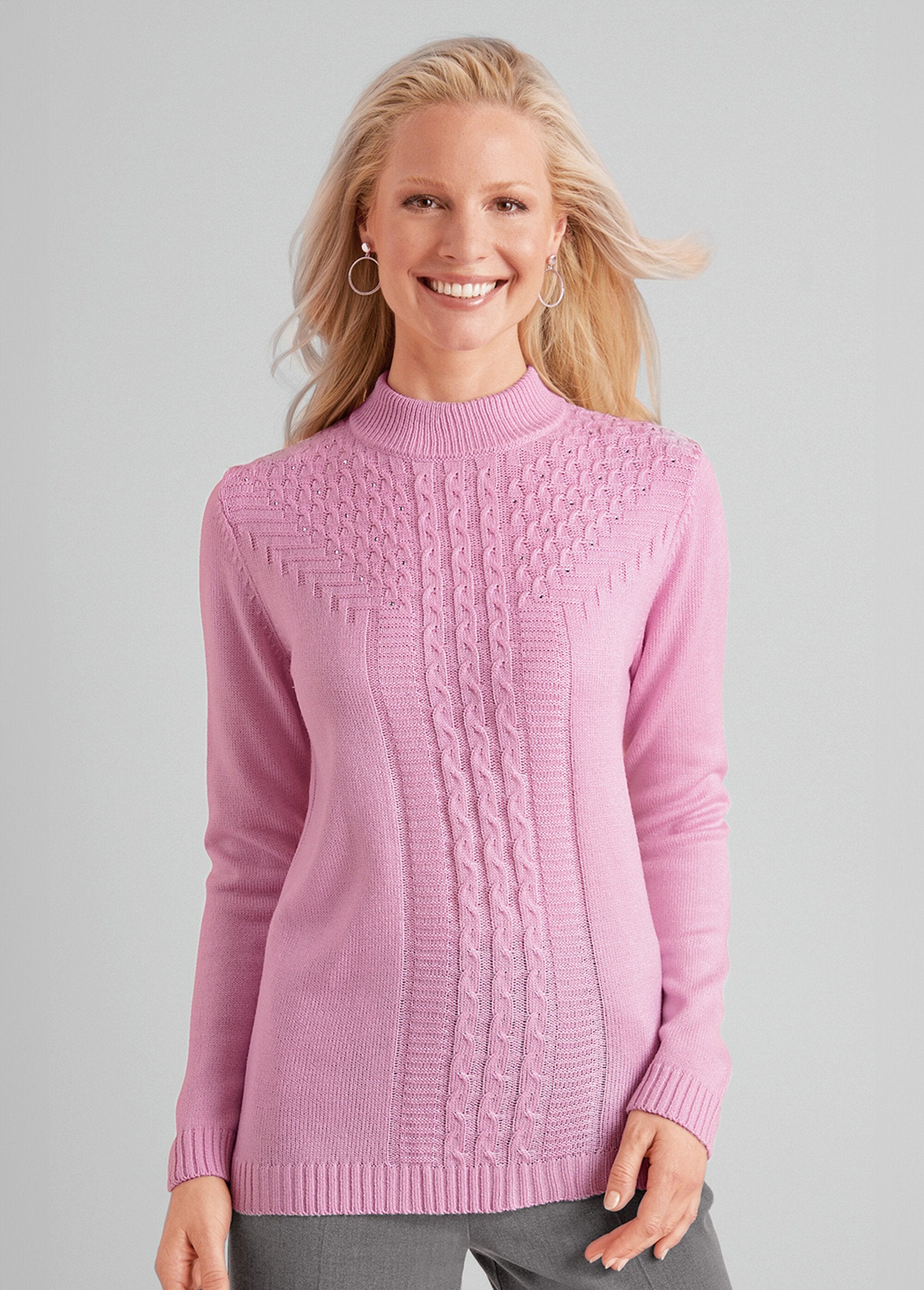 Pull_doux_torsades_côtes_strass_col_montant_Rose_petale_FA1_slim