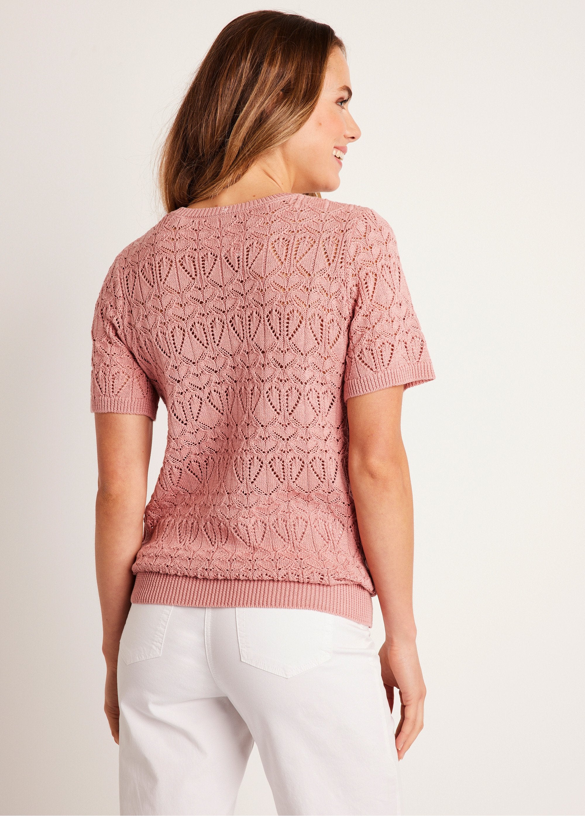 Pull_fin_ajouré_coton_manches_courtes_Rose_poudre_DO1_slim