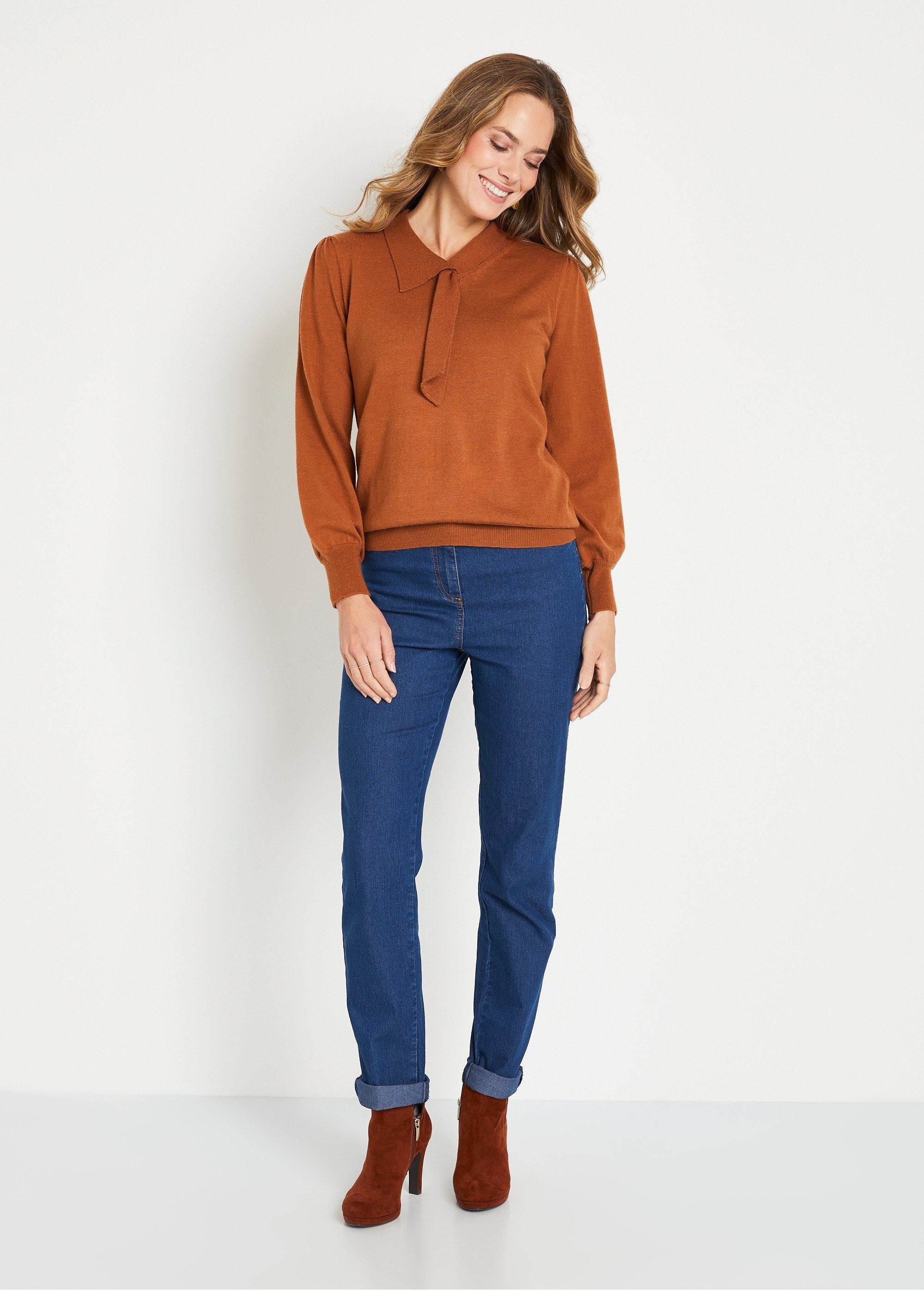 Pull_fin_col_cravate_mélange_laine_Caramel_SF1_slim