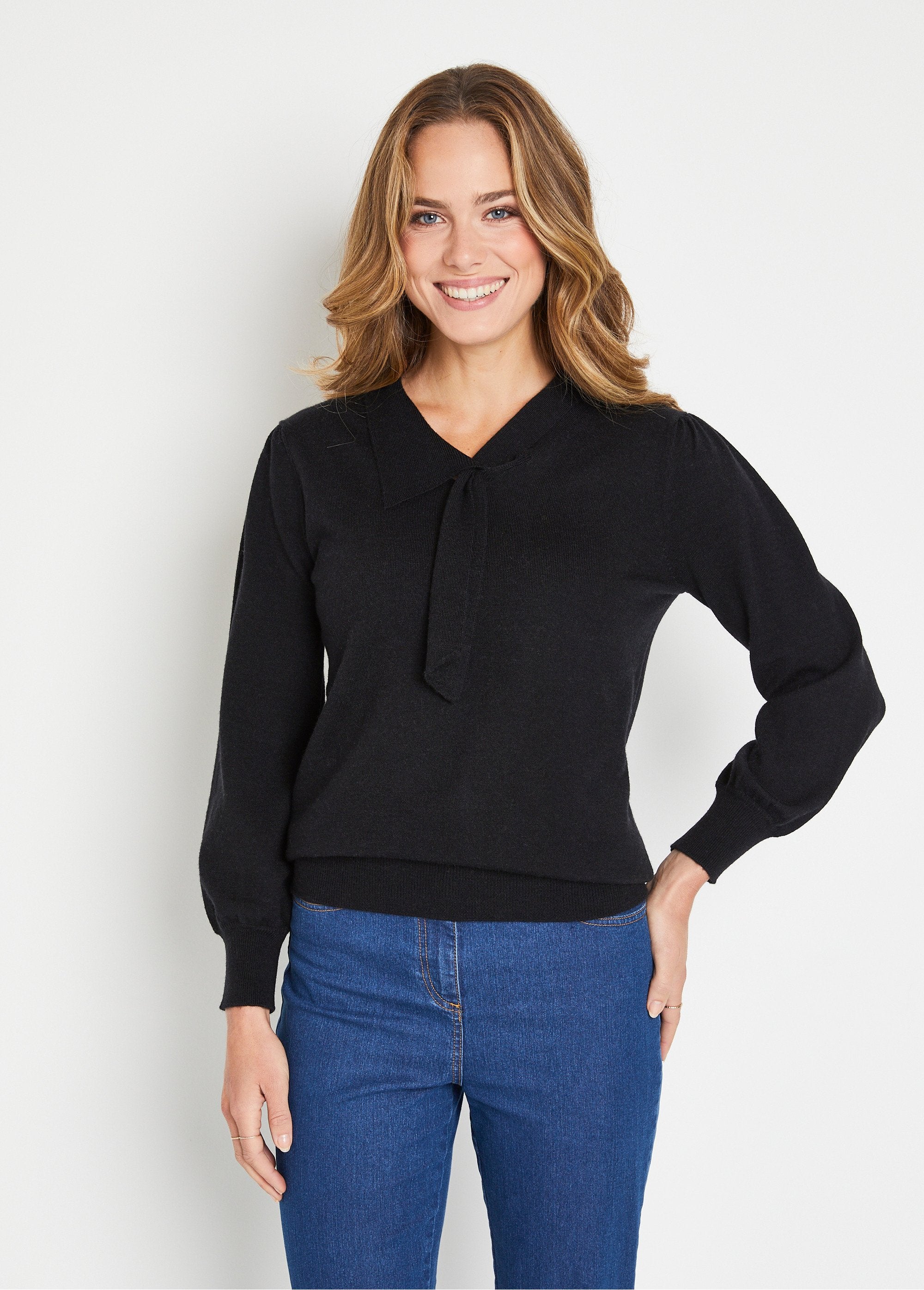 Pull_fin_col_cravate_mélange_laine_Noir_FA1_slim