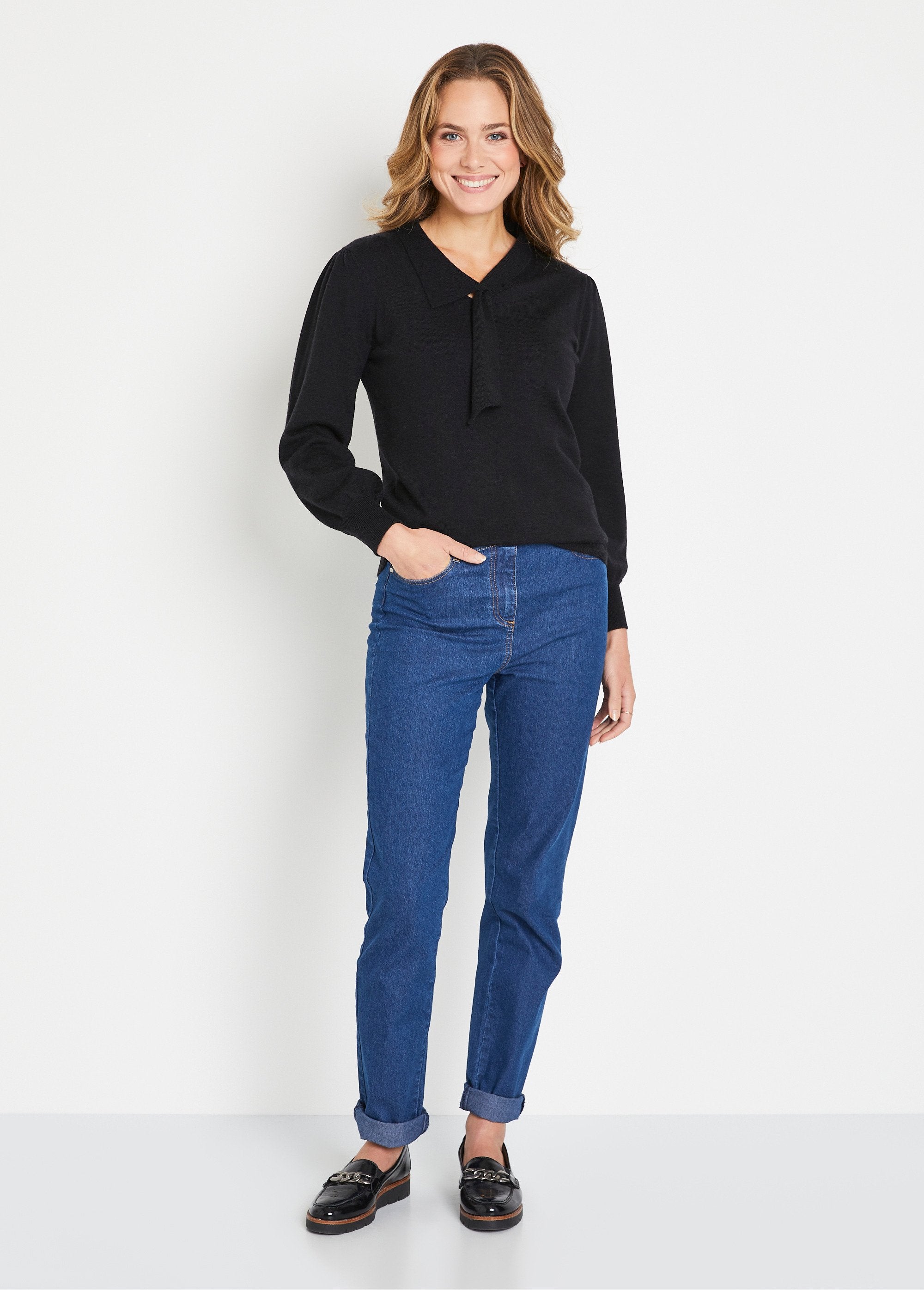 Pull_fin_col_cravate_mélange_laine_Noir_SF1_slim