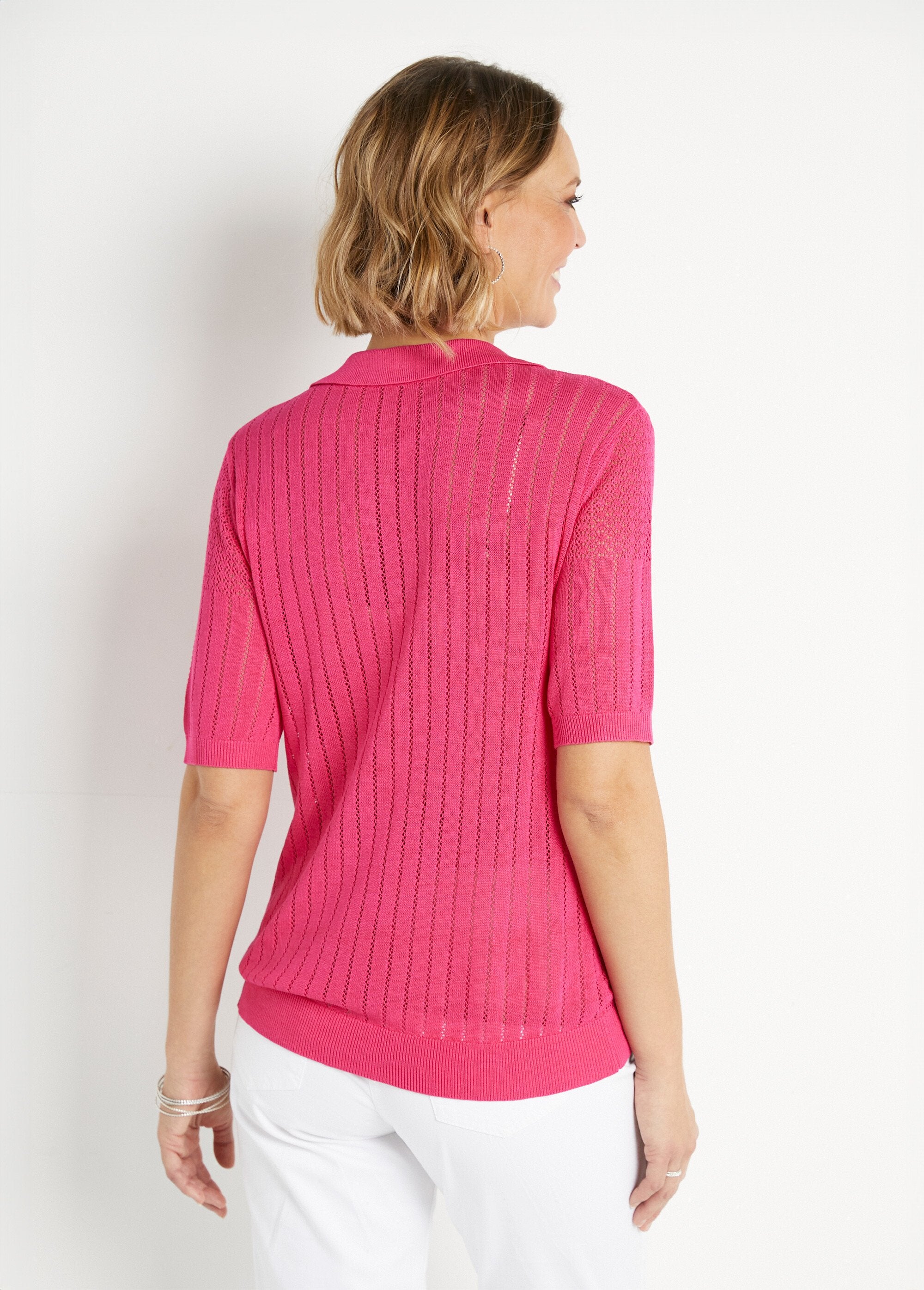 Pull_fin_col_polo_ajouré_manches_courtes_Fuchsia_DO1_slim