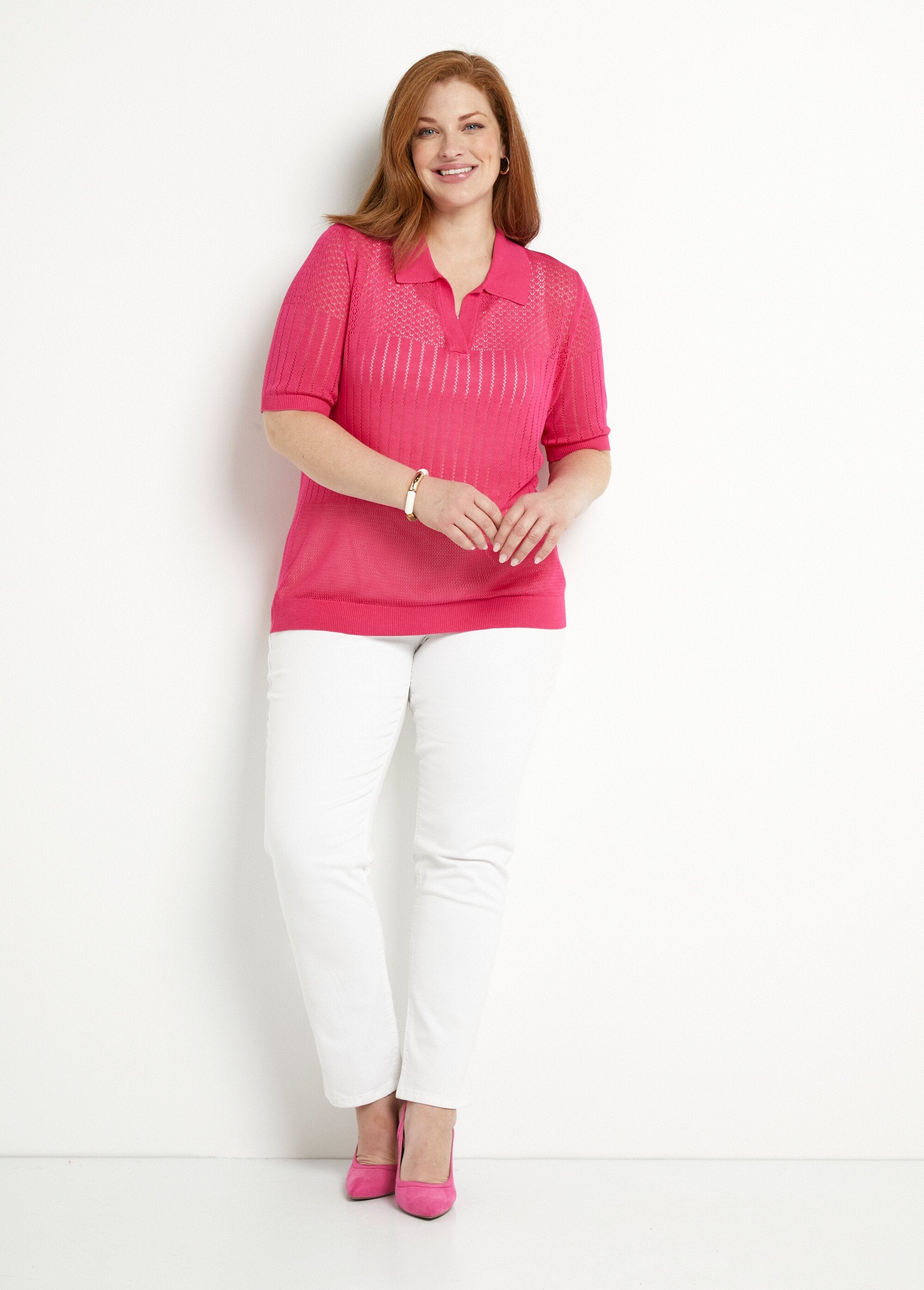 Pull_fin_col_polo_ajouré_manches_courtes_Fuchsia_SF1_curvy