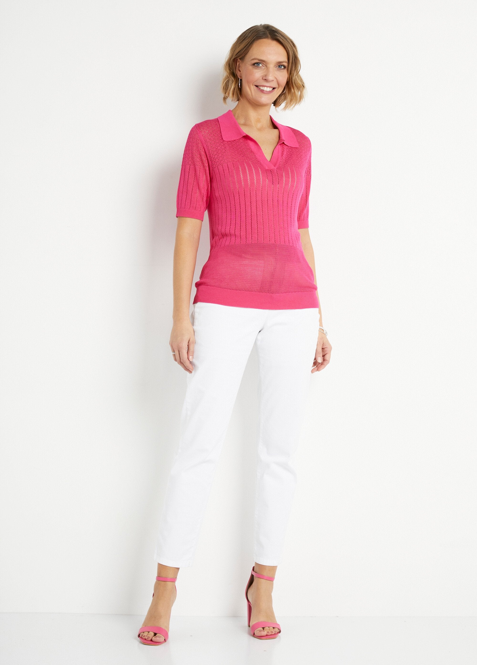 Pull_fin_col_polo_ajouré_manches_courtes_Fuchsia_SF1_slim