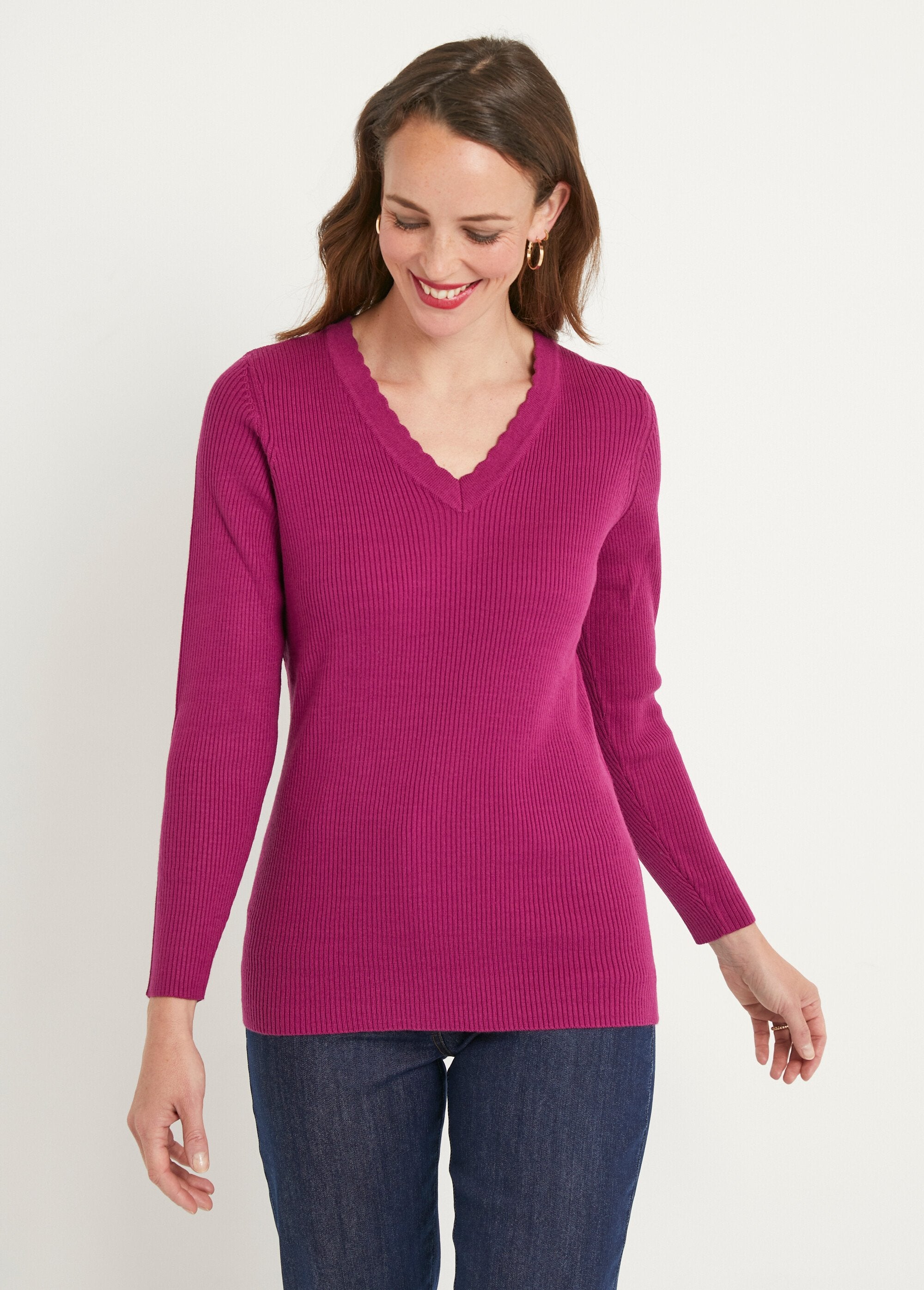 Pull_fin_uni_maille_côtelée_col_V_Cyclamen_FA1_slim