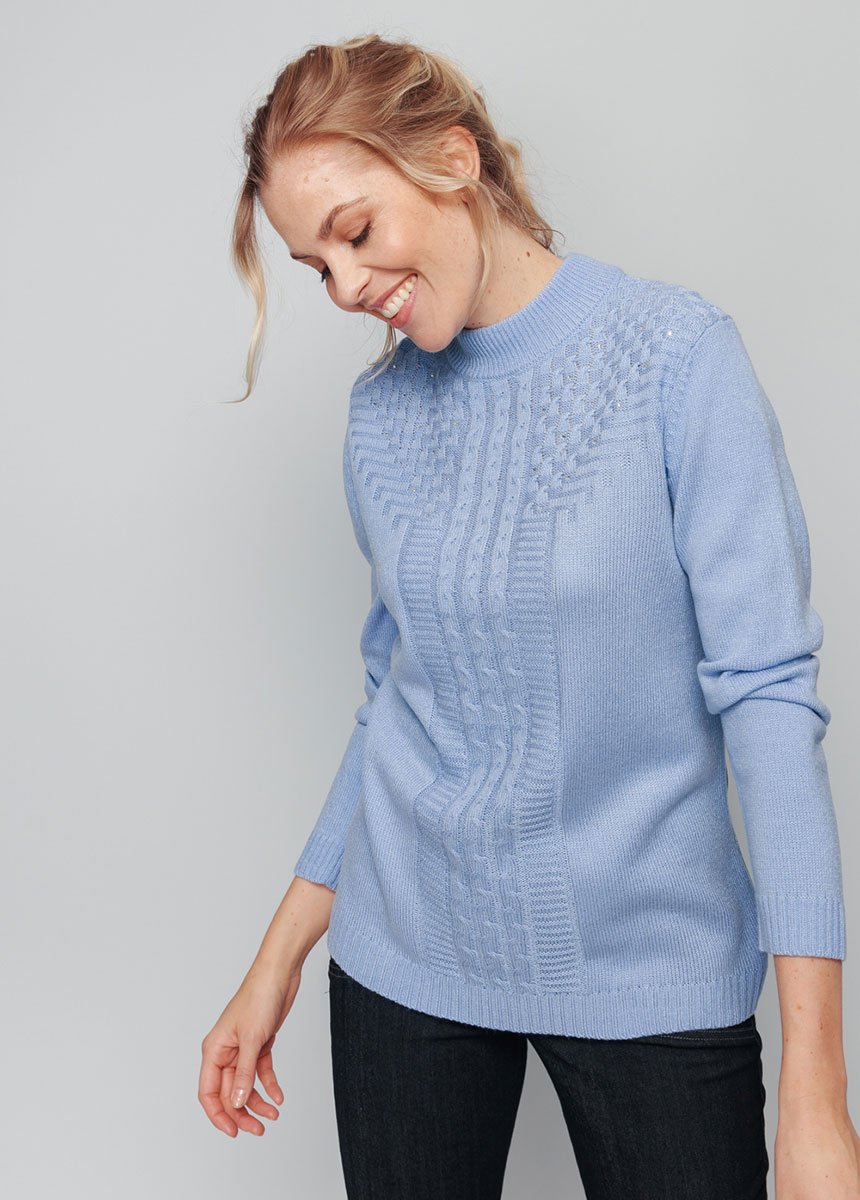 Pull_doux_torsades_côtes_strass_col_montant_Bleu_FA1_slim