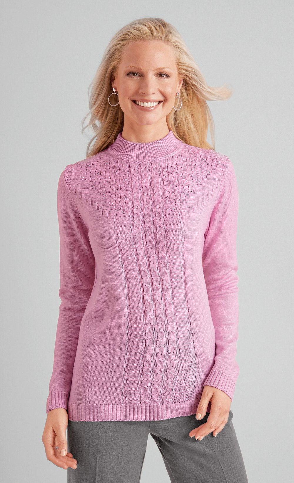 Pull_doux_torsades_côtes_strass_col_montant_Rose_petale_FA1_slim