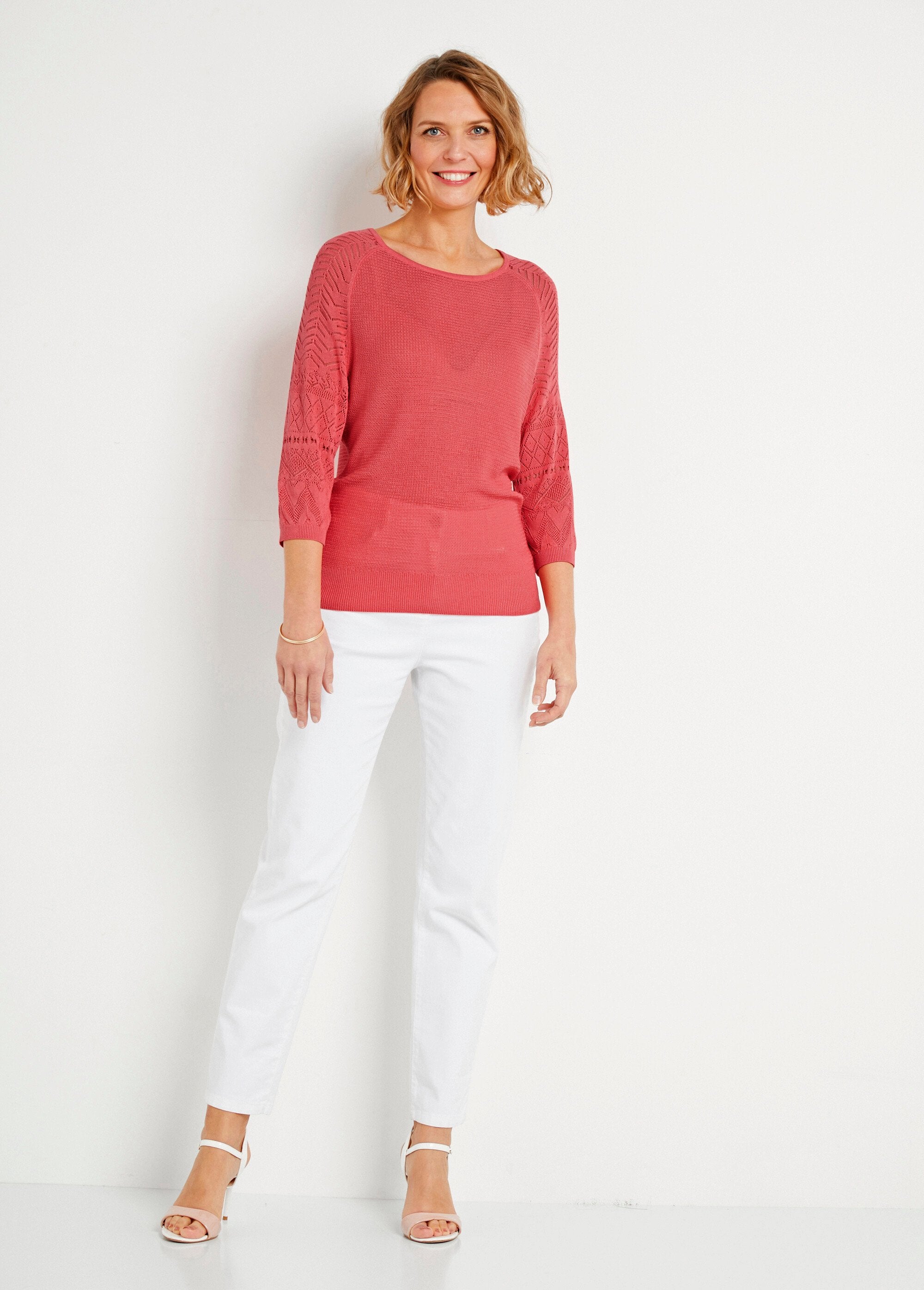 Pull_léger_manches_3/4_raglan_col_rond_Corail_SF1_slim