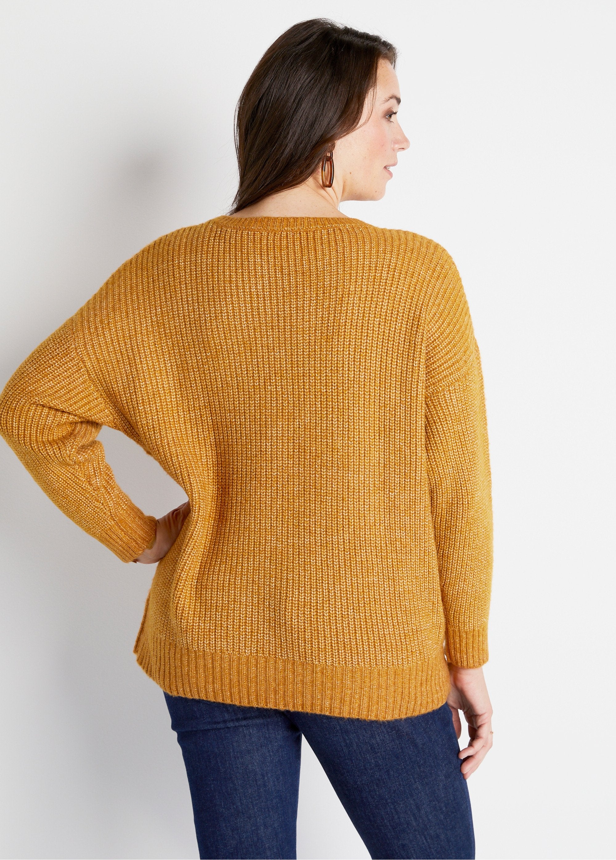 Pull_maille_chinée_perlée_torsadée_col_rond_Miel_DO1_curvy