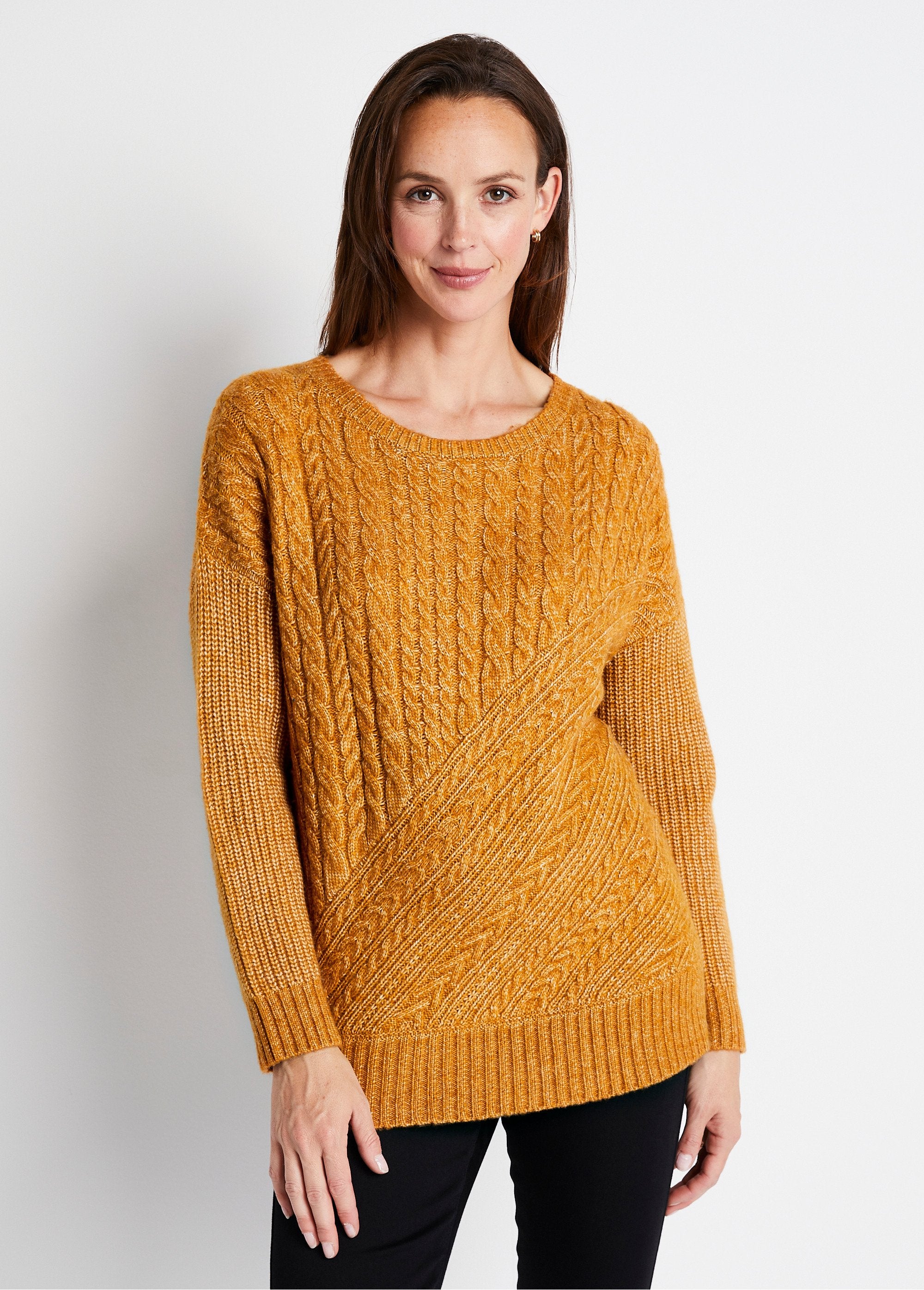 Pull_maille_chinée_perlée_torsadée_col_rond_Miel_FA1_slim