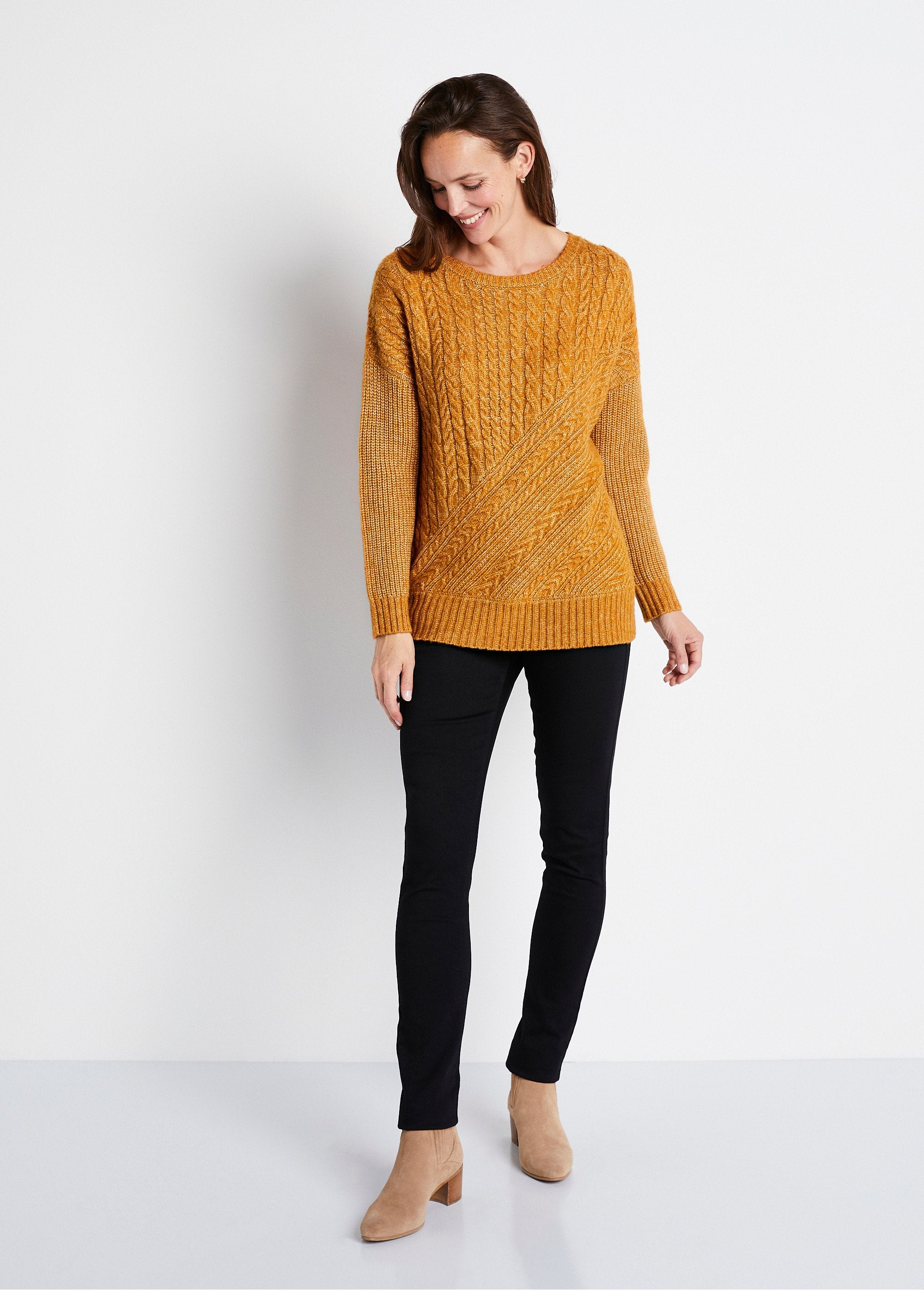 Pull_maille_chinée_perlée_torsadée_col_rond_Miel_SF1_slim