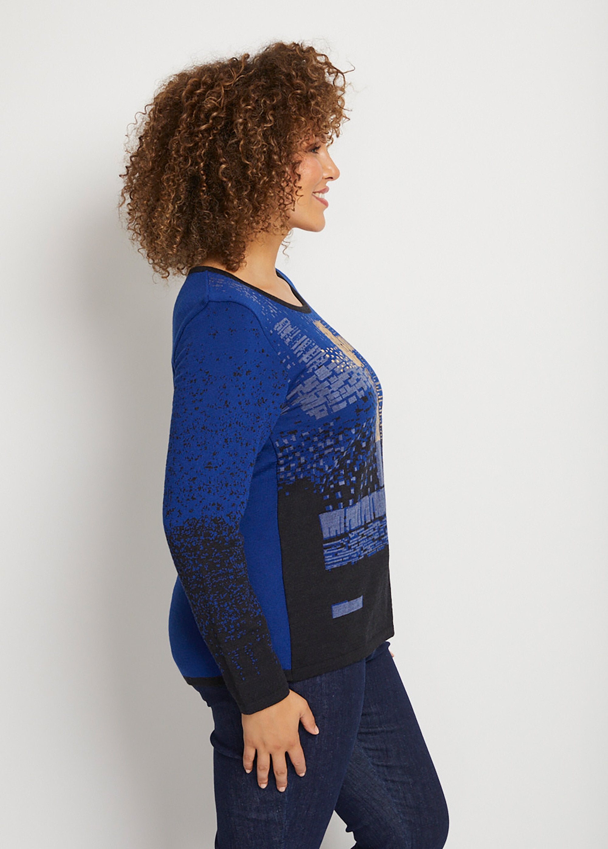 Pull_chaud_laine_mérinos_jacquard_col_rond_Noir_et_bleu_DR1_curvy