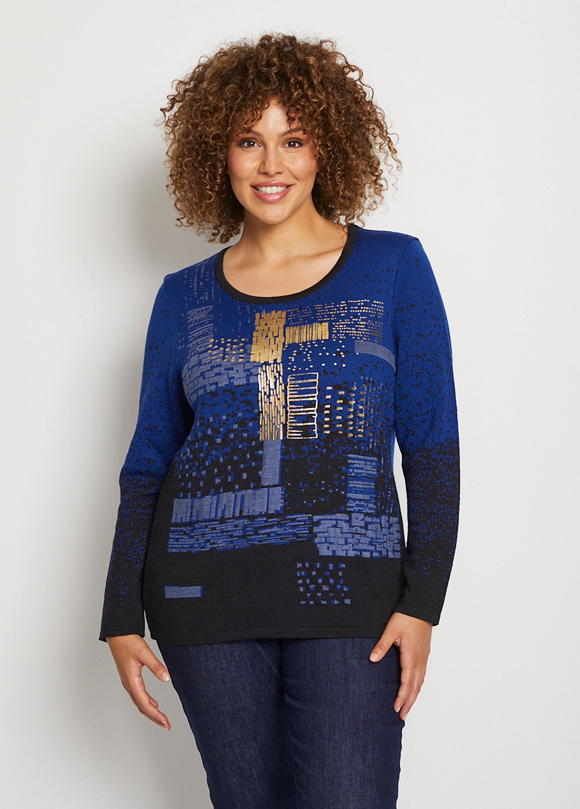 Pull_chaud_laine_mérinos_jacquard_col_rond_Noir_et_bleu_FA1_curvy