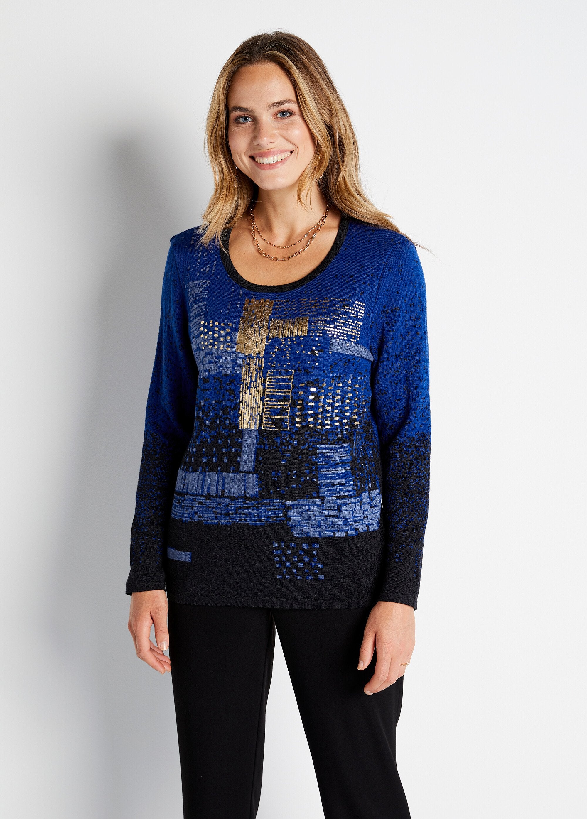 Pull_chaud_laine_mérinos_jacquard_col_rond_Noir_et_bleu_FA1_slim