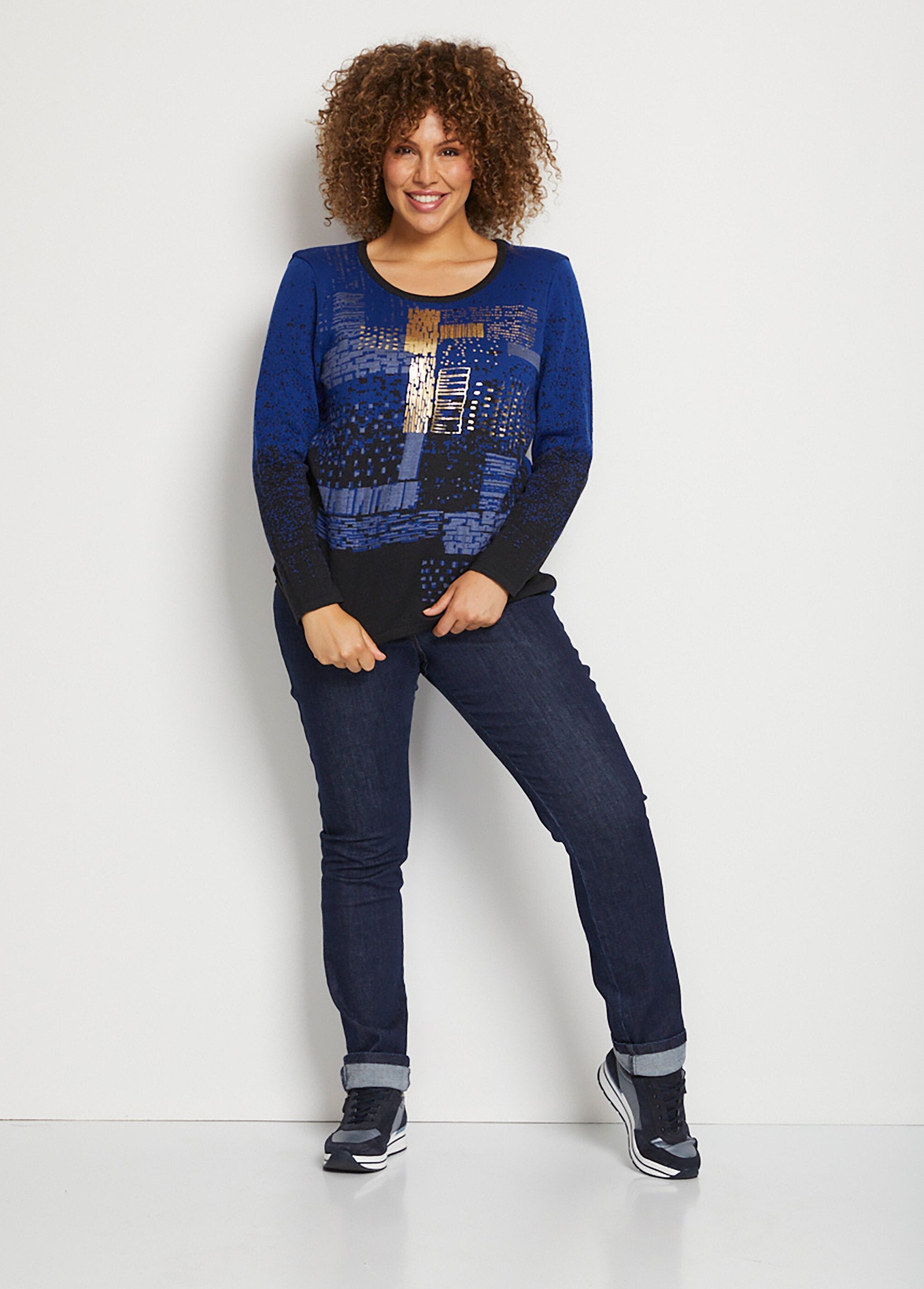 Pull_chaud_laine_mérinos_jacquard_col_rond_Noir_et_bleu_SF1_curvy