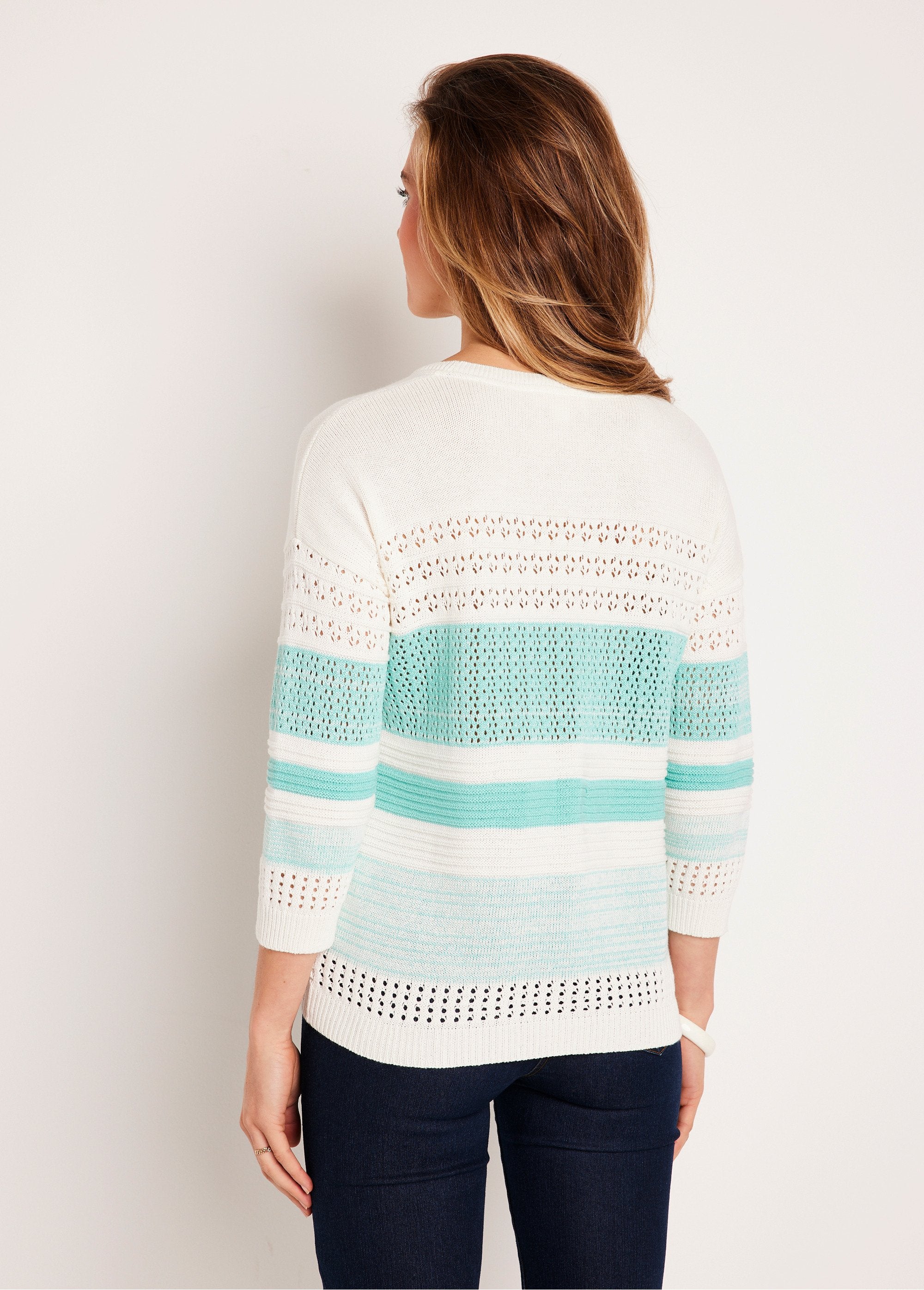 Pull_manches_3/4_ajouré_mélange_coton_Aqua_DO1_slim