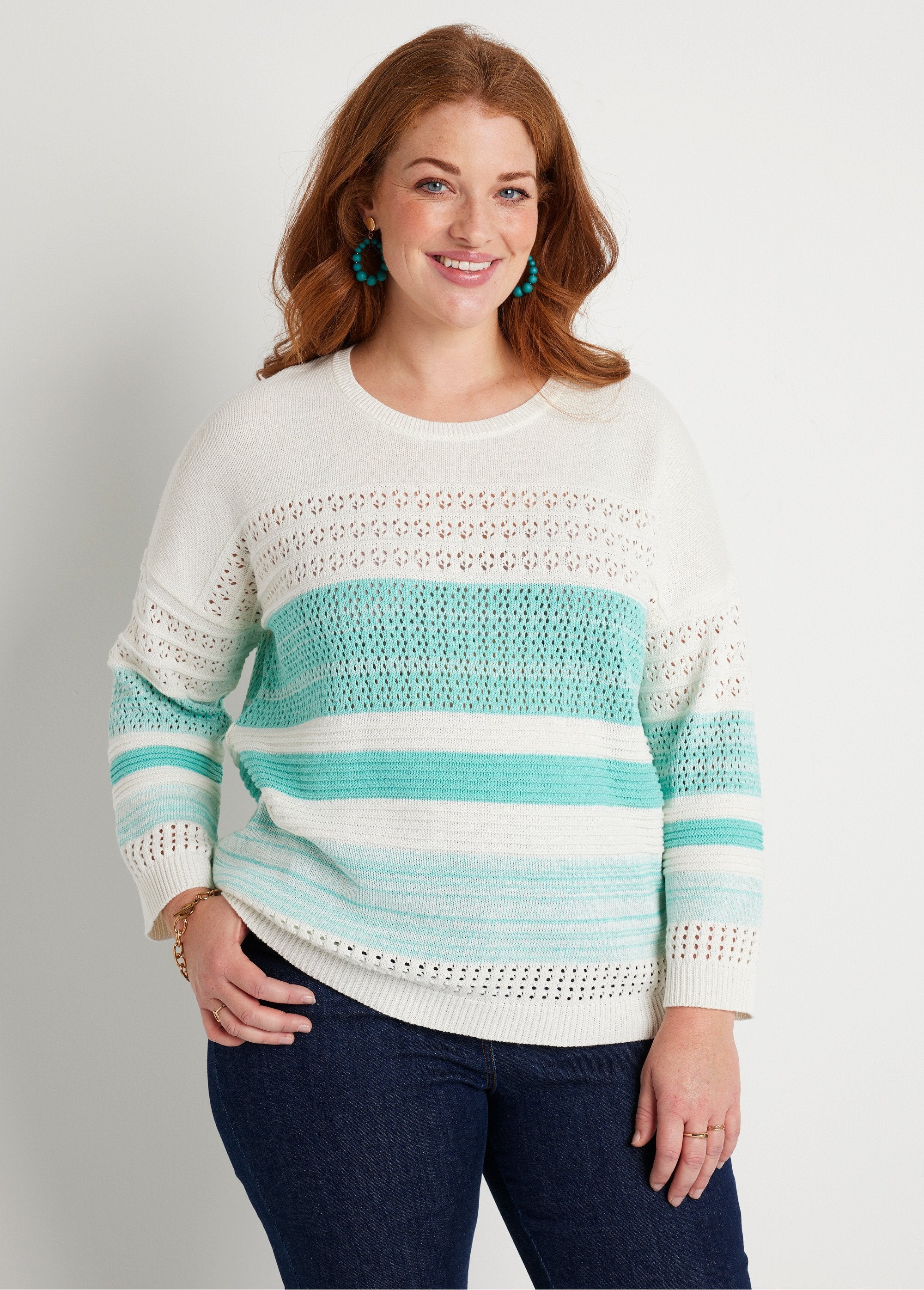 3/4_sleeve_openwork_cotton_blend_sweater_Aqua_FA1_curvy