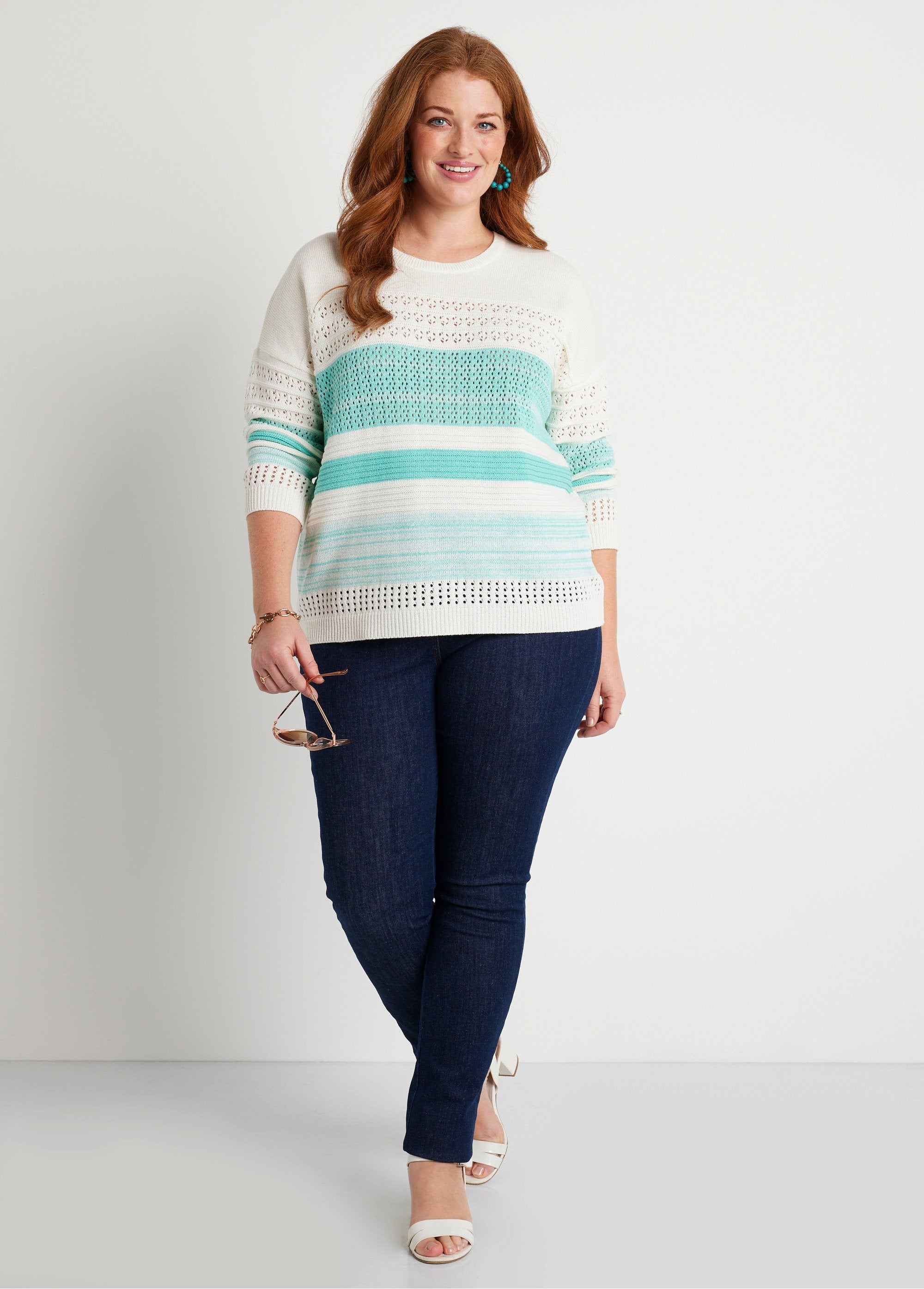 Pull_manches_3/4_ajouré_mélange_coton_Aqua_SF1_curvy