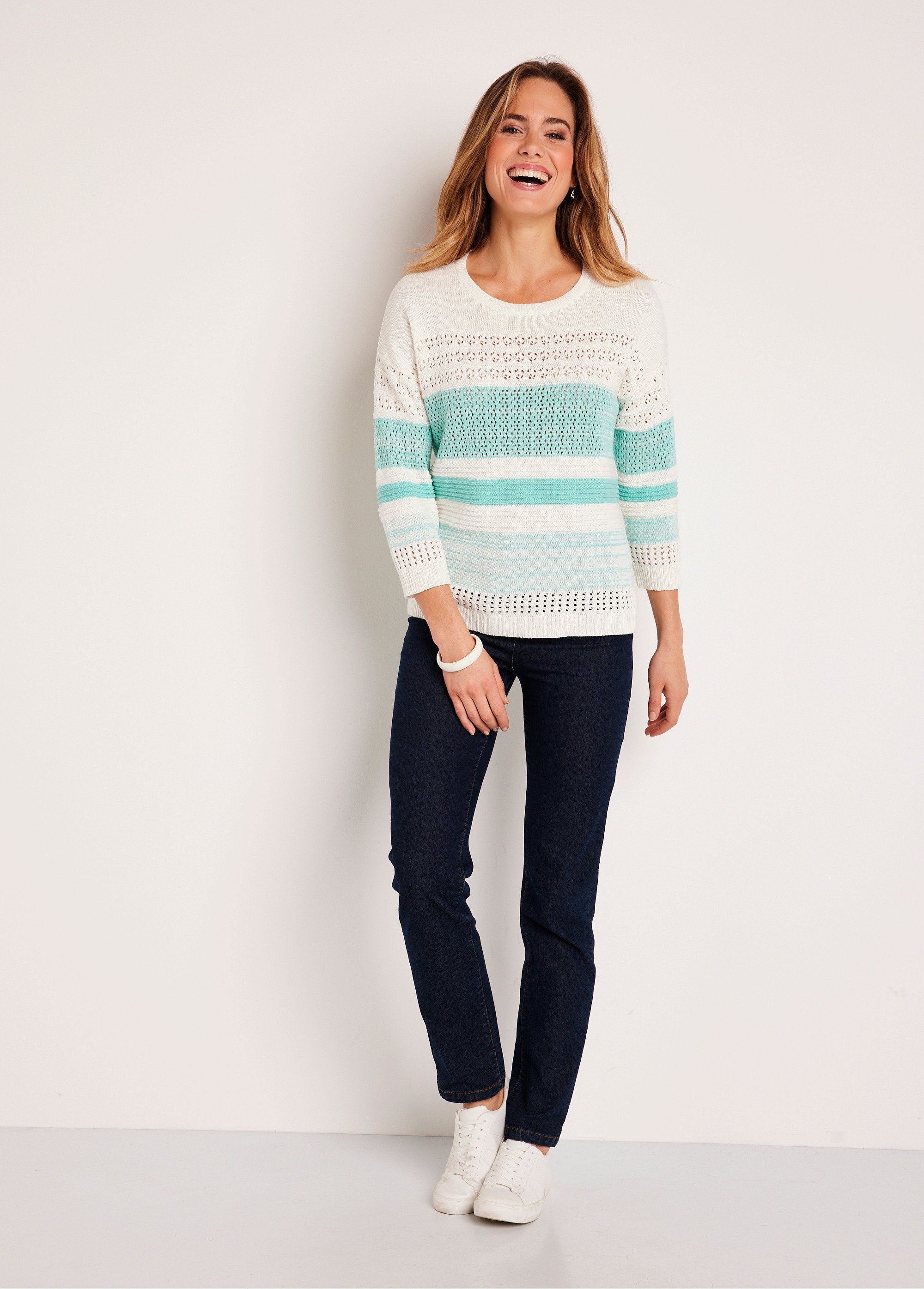 Pull_manches_3/4_ajouré_mélange_coton_Aqua_SF1_slim