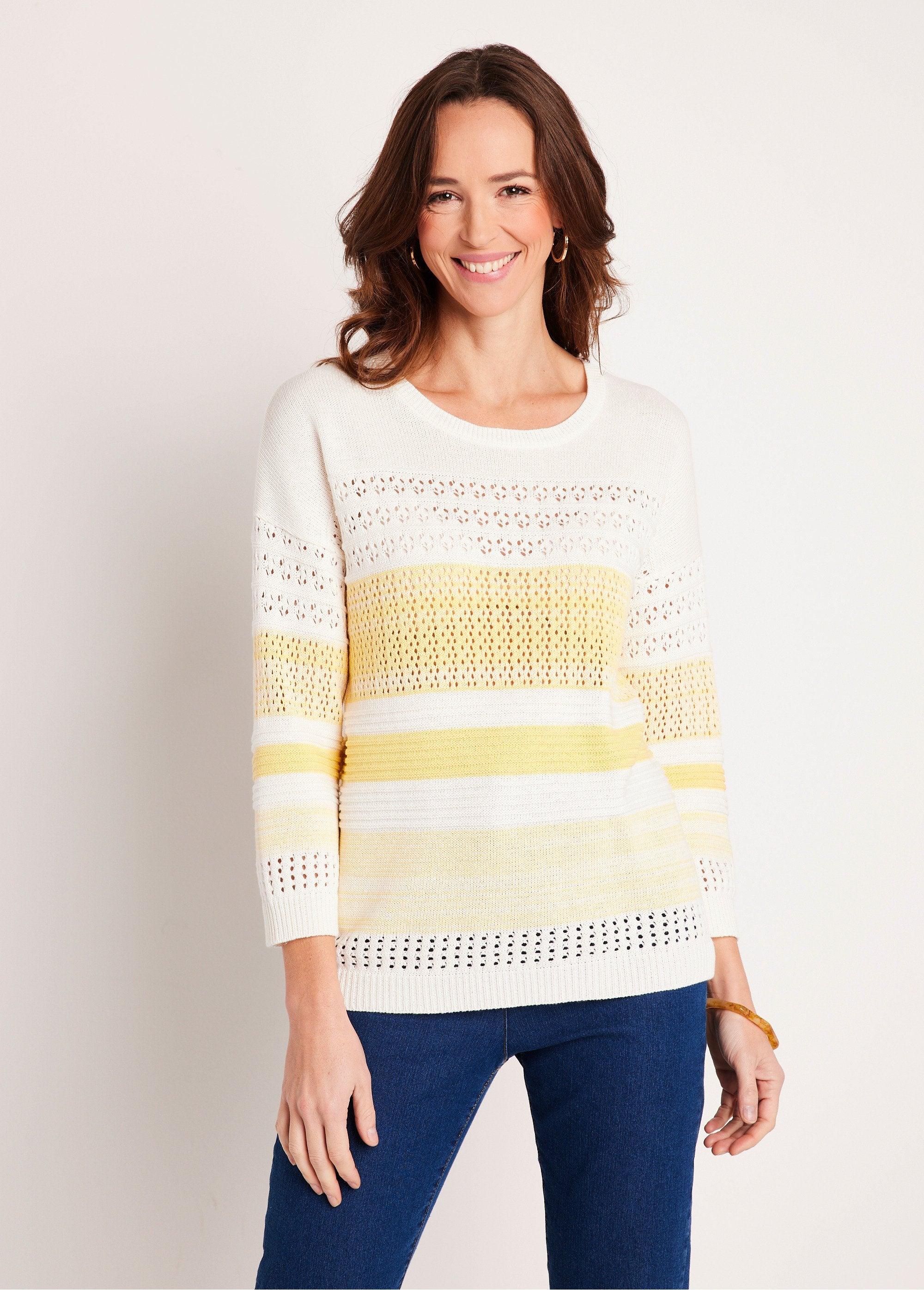 Pull_manches_3/4_ajouré_mélange_coton_Vanille_FA1_slim