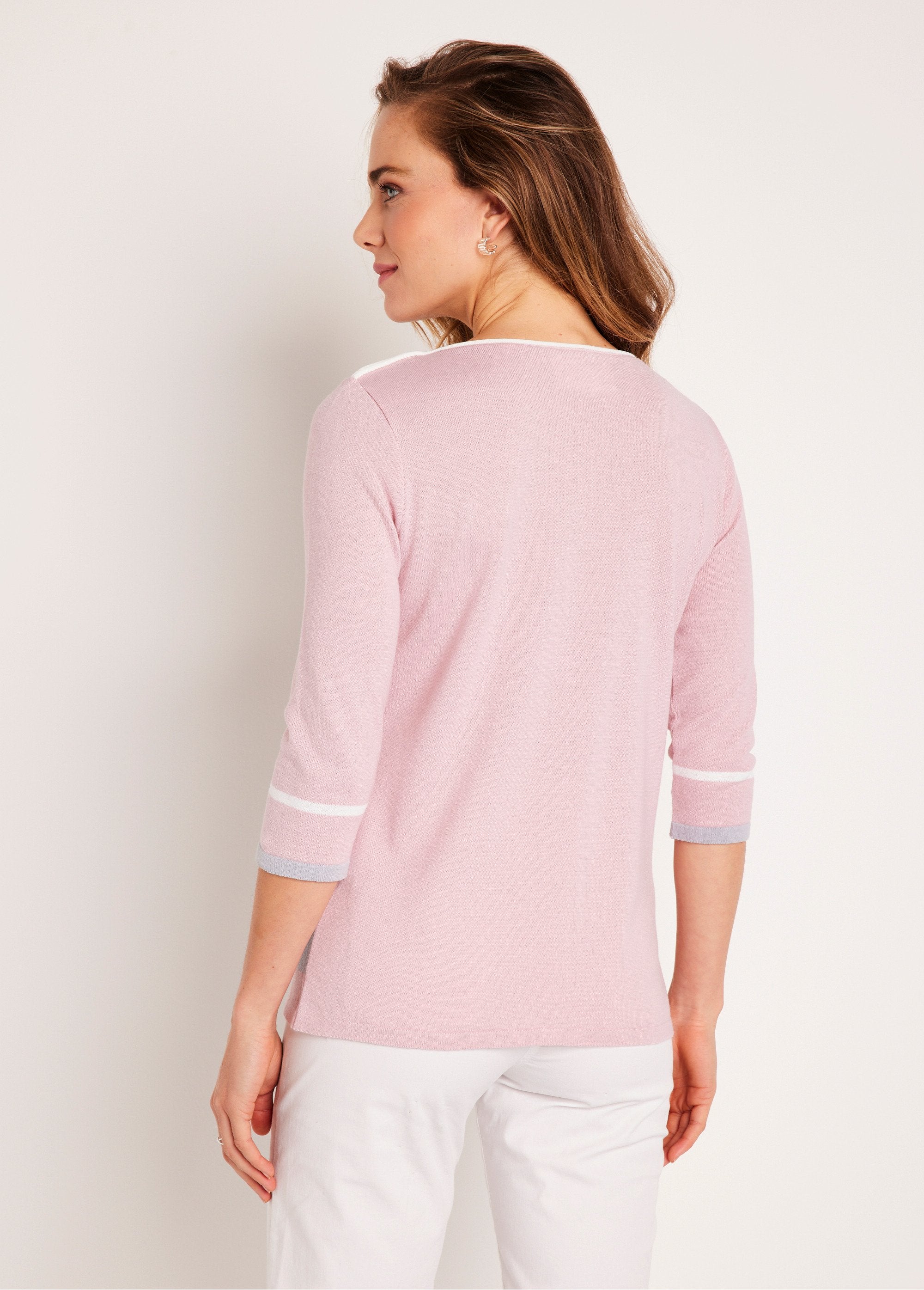 Pull_manches_3/4_col_bateau_jacquard_rayé_devant_Rose_et_gris_DO1_slim