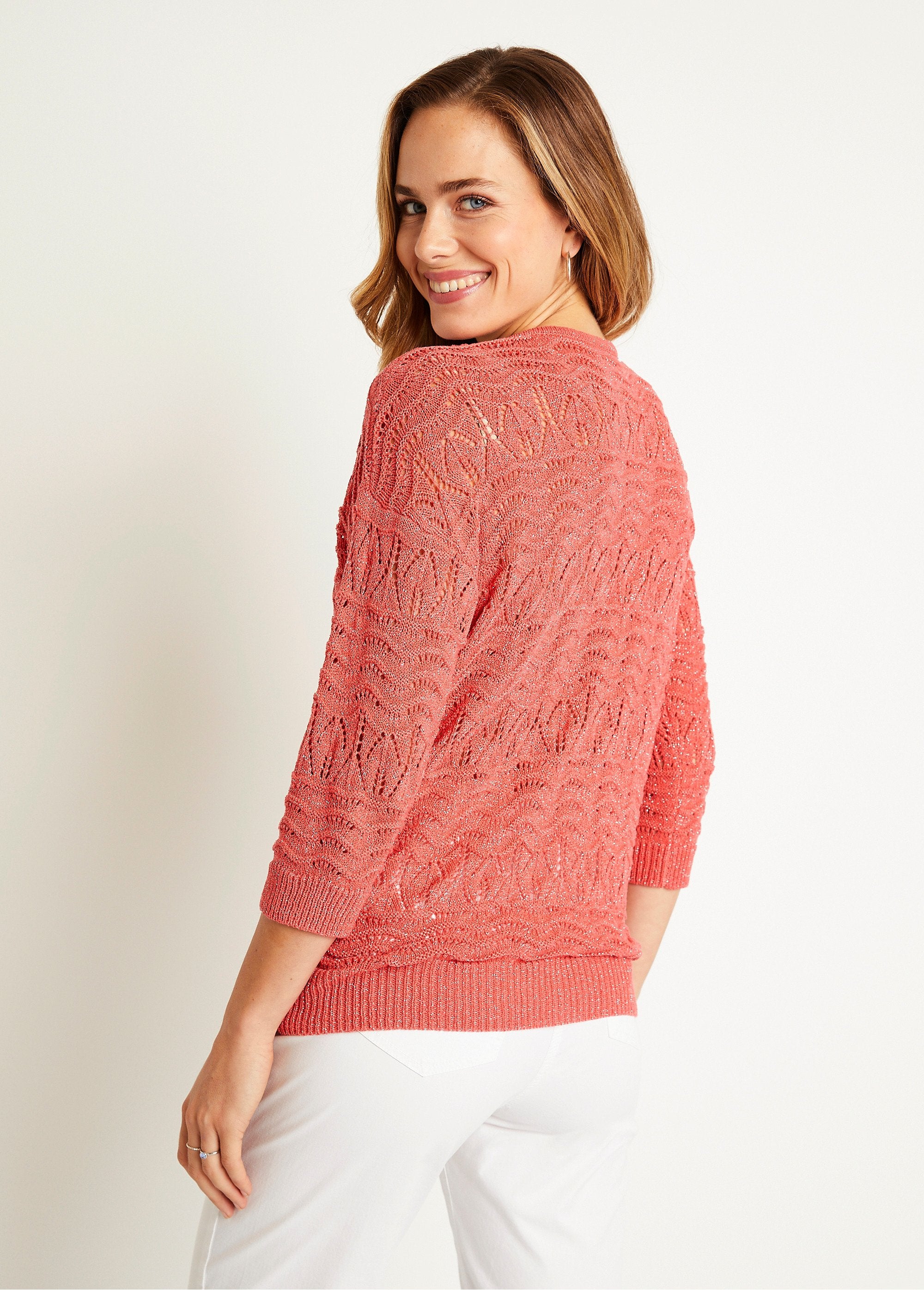 Pull_manches_3/4_motif_ajouré_col_V_Corail_DO1_slim