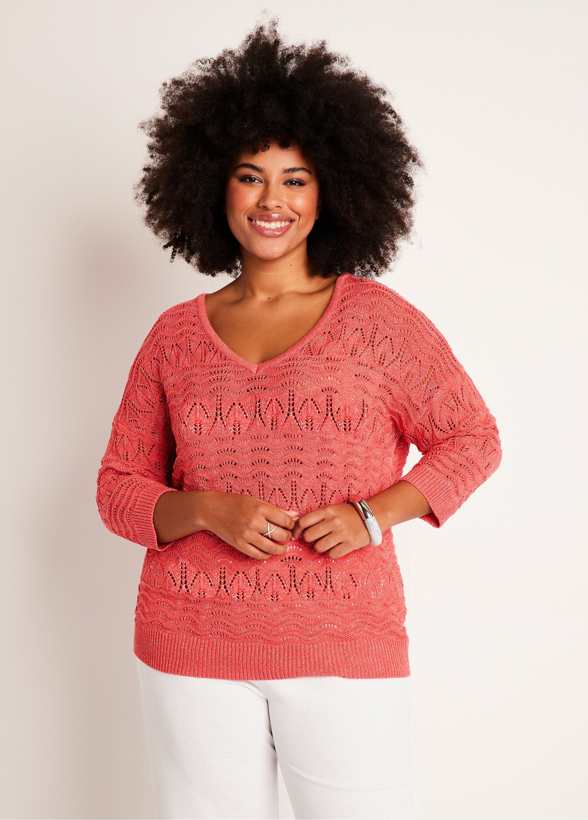 Pull_manches_3/4_motif_ajouré_col_V_Corail_FA1_curvy