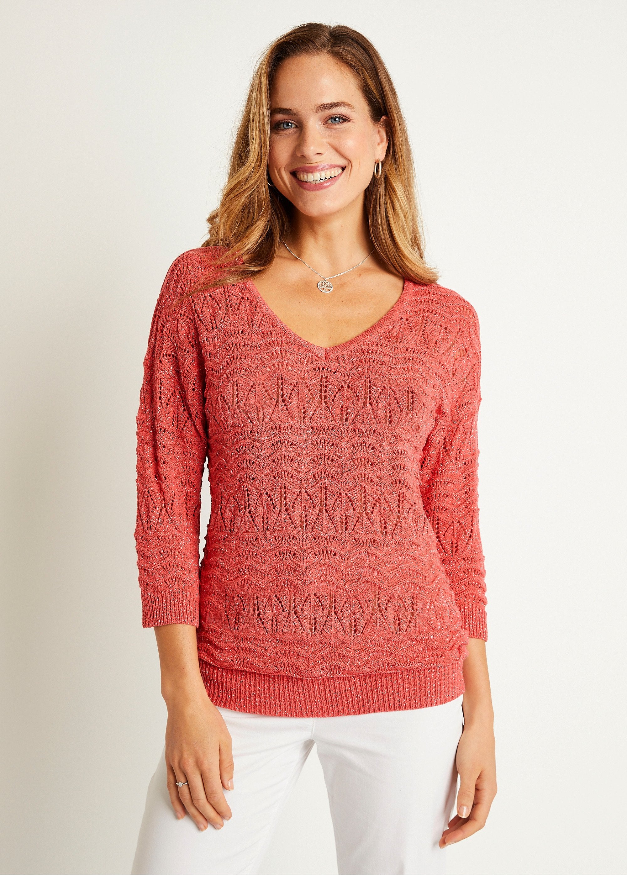 Pull_manches_3/4_motif_ajouré_col_V_Corail_FA1_slim