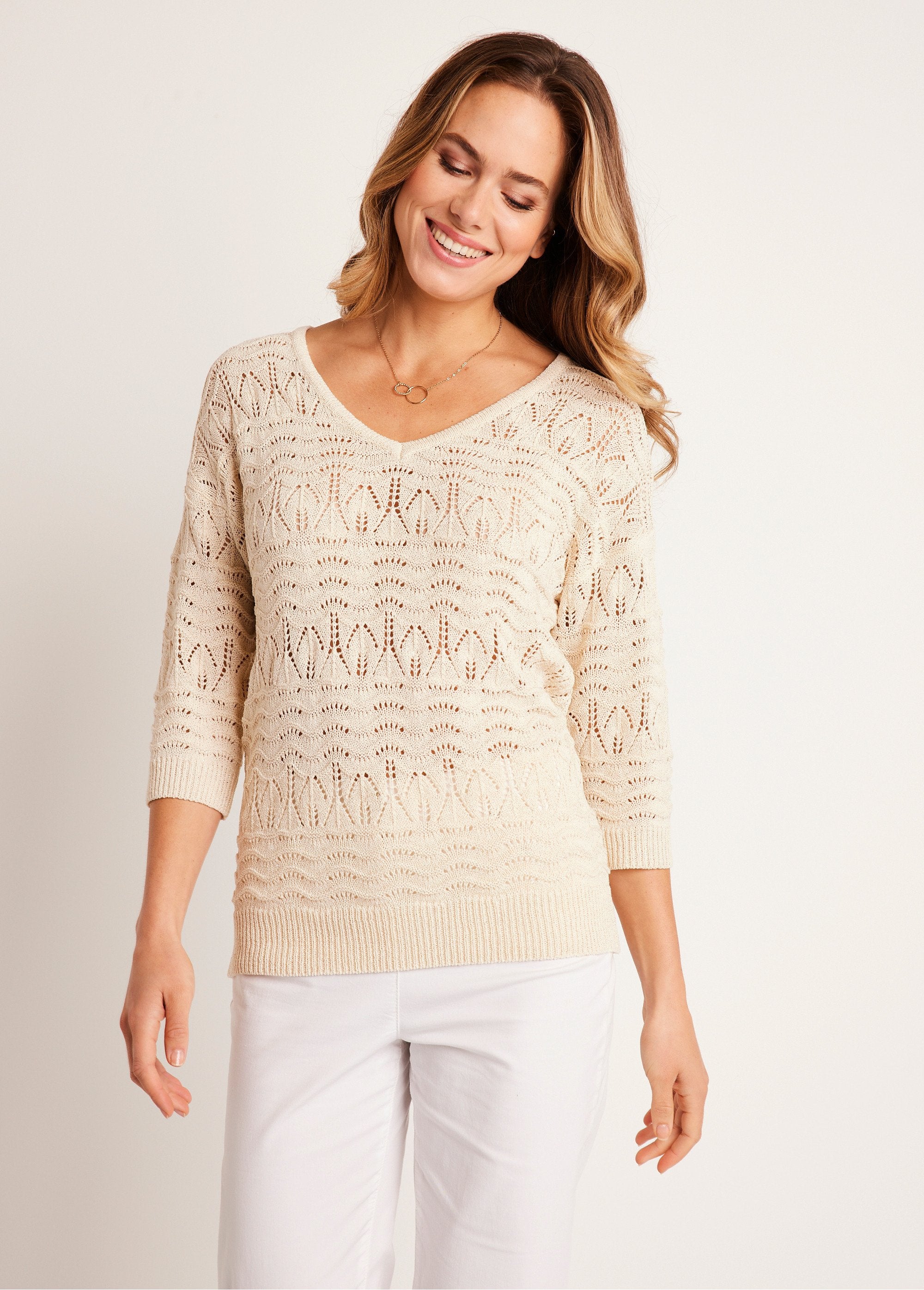 Pull_manches_3/4_motif_ajouré_col_V_Ficelle_FA1_slim