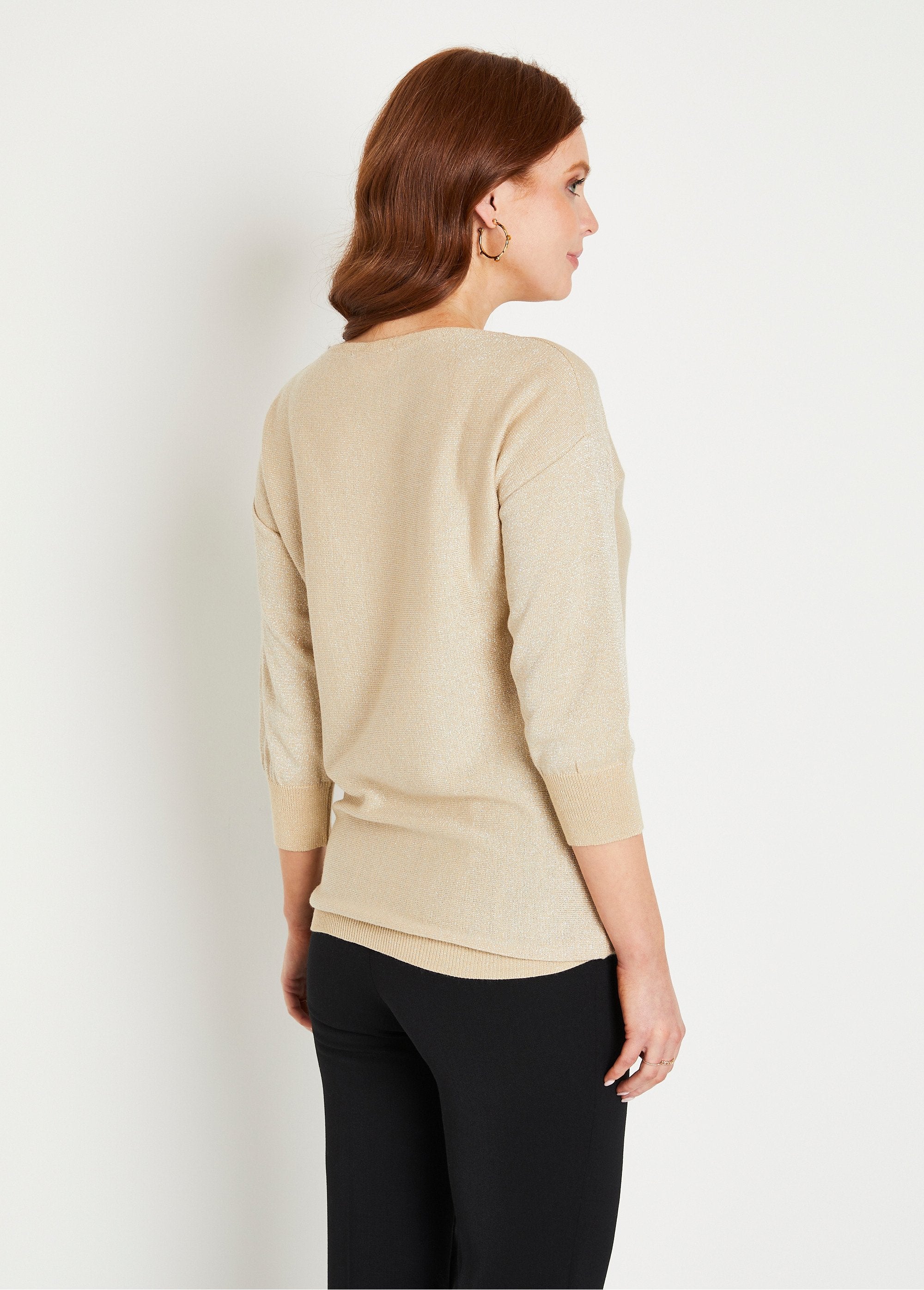 Pull_mi-long_uni_brillant_manches_3/4_col_bateau_Beige_irise_DO1_slim